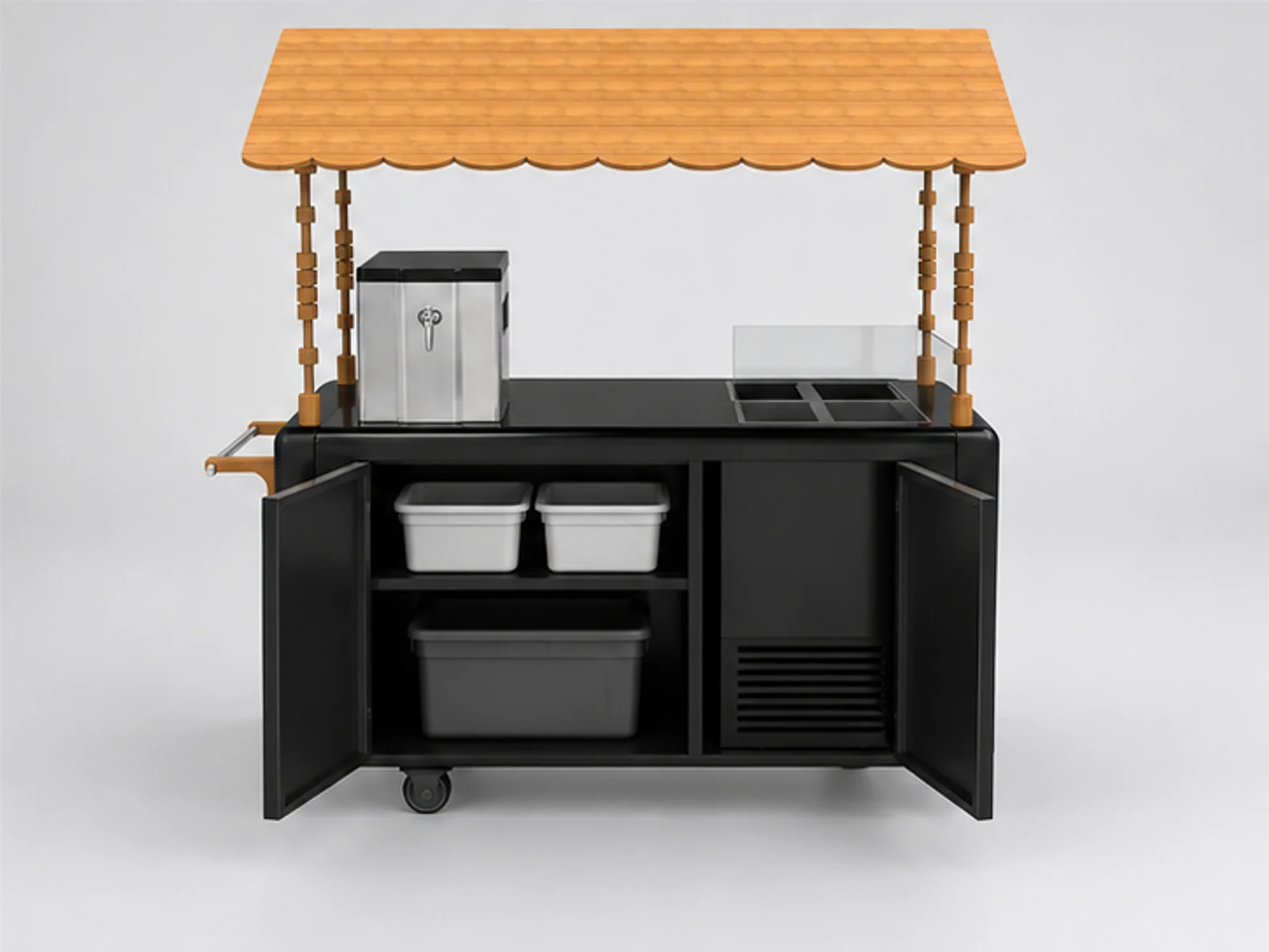 Portable Beverage Display Cart For Indoor & Outdoor Use staff-side equipment and storage view