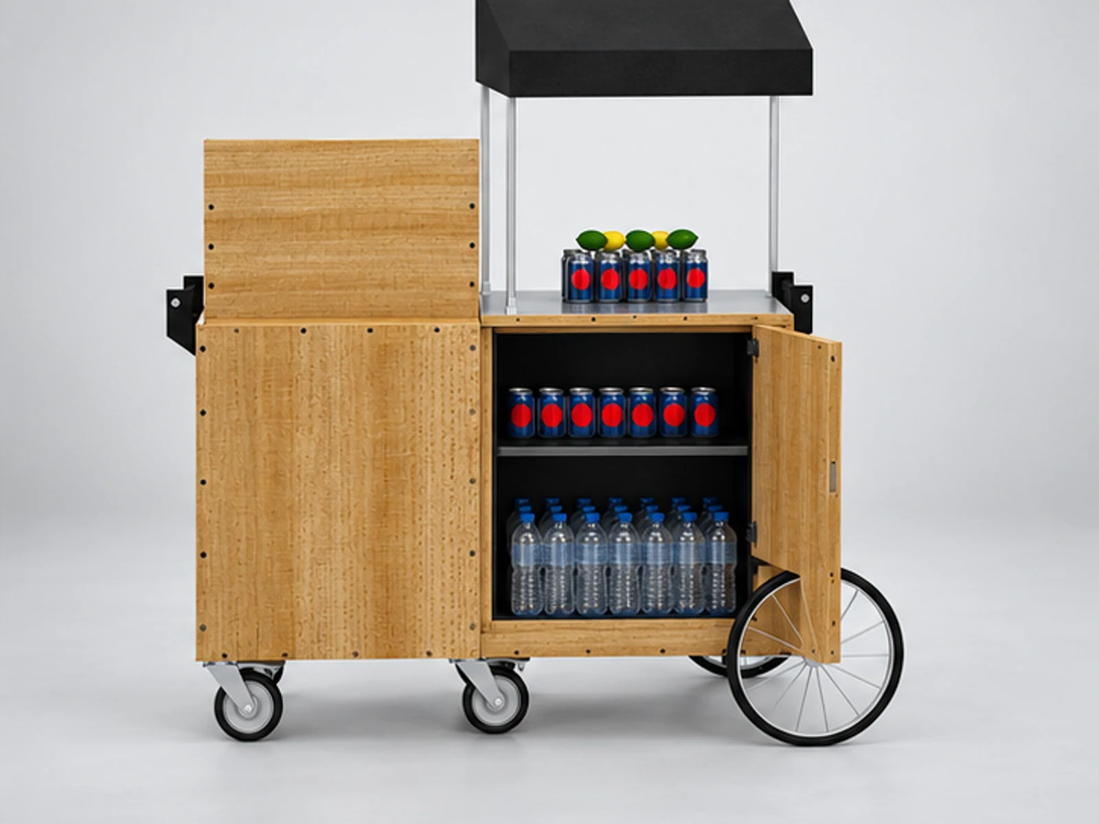 Portable Pepsi Beverage Display Cart Retail Juice Drinks Promotion Cart staff-side equipment and storage view