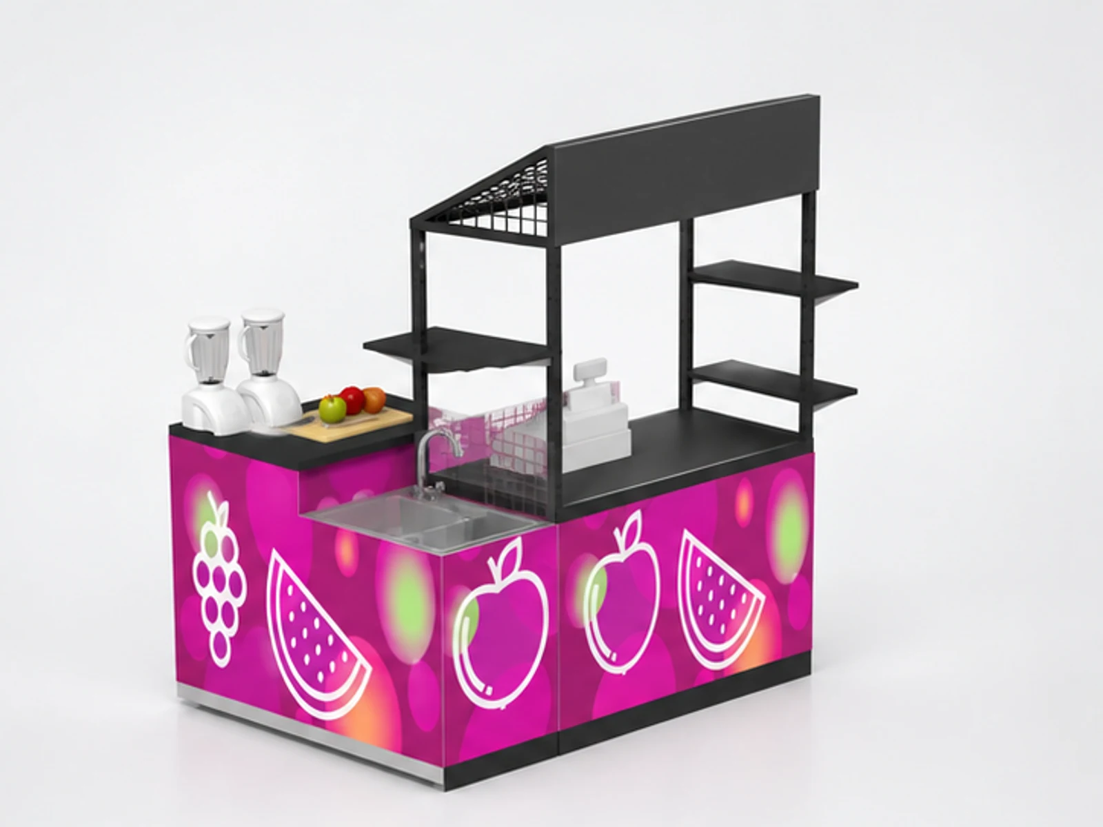 Shopping mall retail food booth customize juice cart design opposite angle and overall footprint