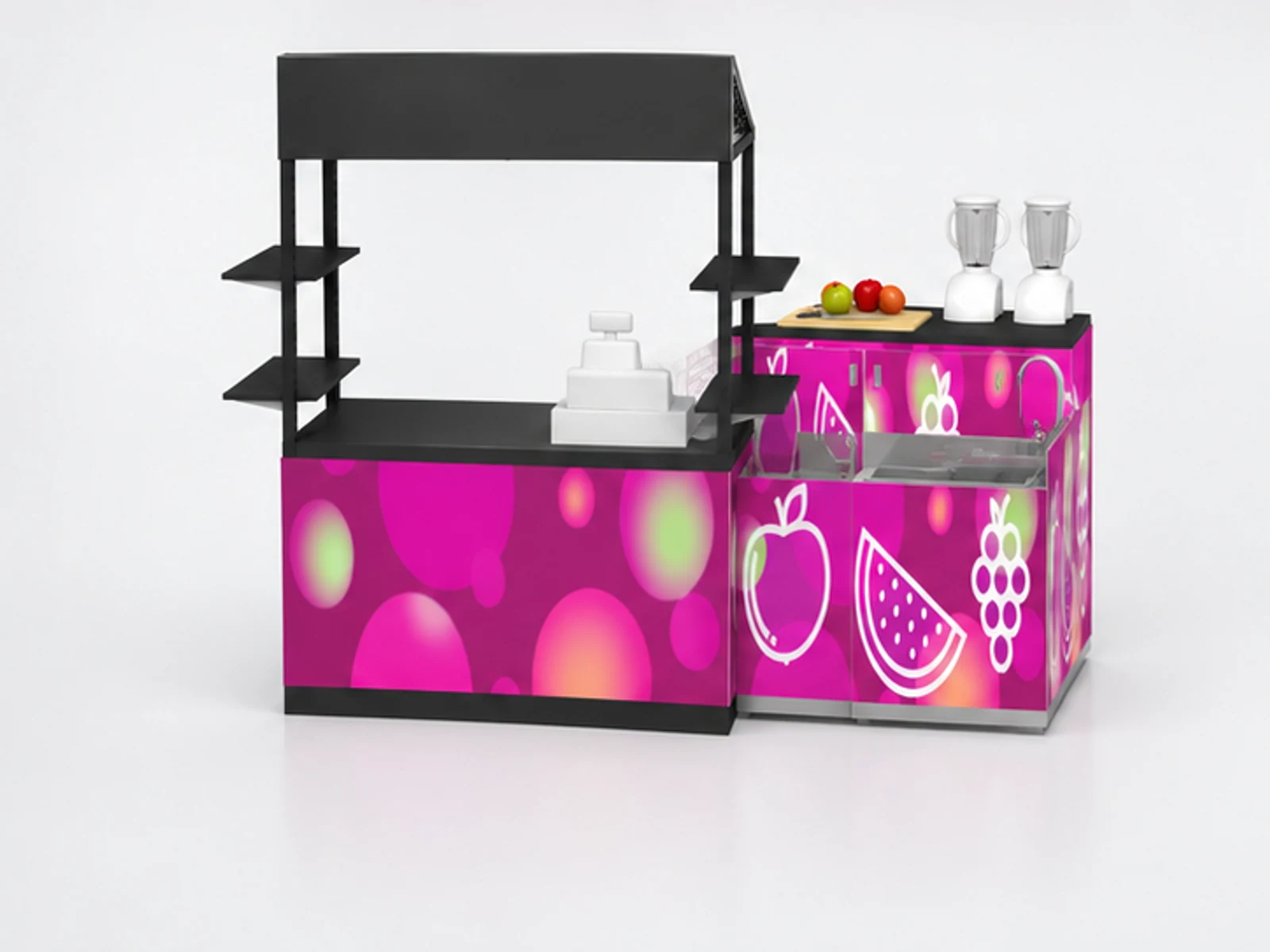 Shopping mall retail food booth customize juice cart design customer-facing service and display view
