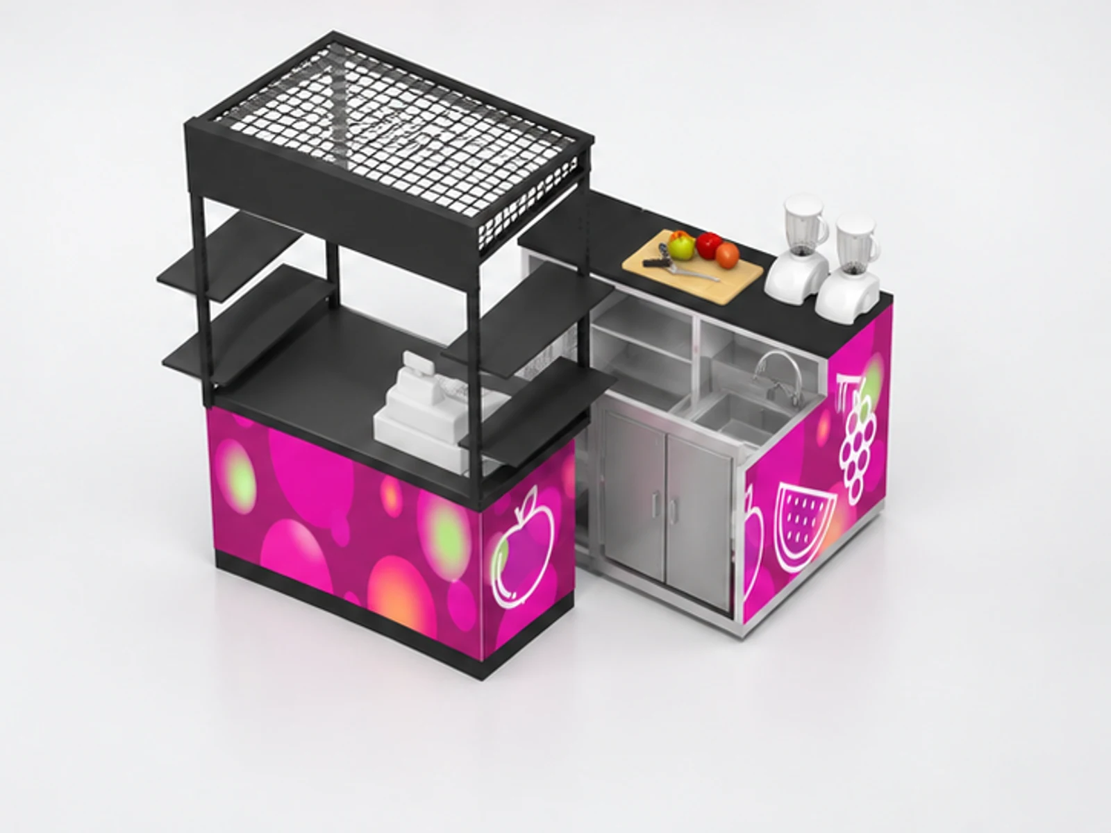 Shopping mall retail food booth customize juice cart design staff-side equipment and storage view