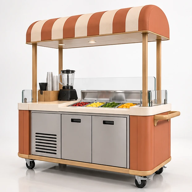 Smoothie and Juice Cart with Blender and Cold Storage opposite angle showing its complete footprint and display layout