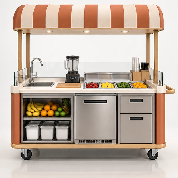 Smoothie and Juice Cart with Blender and Cold Storage operator-side equipment, access, and storage view