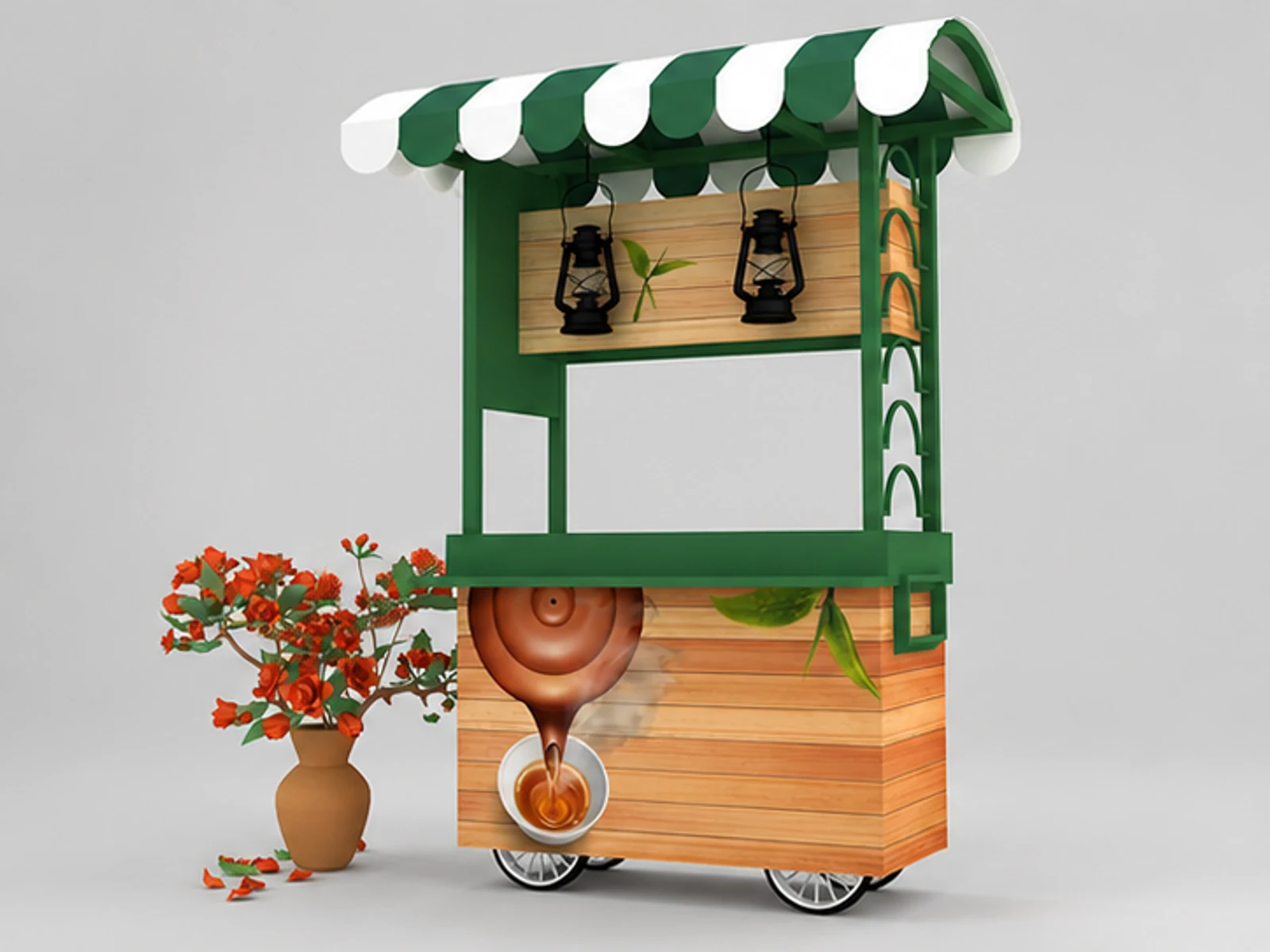 Street use mobile beverage cart outdoor tea trolley with wheels main three-quarter view