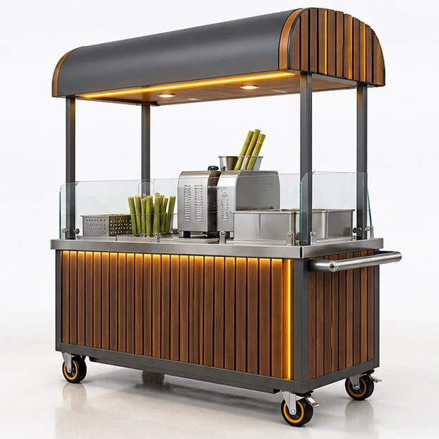 Sugarcane Juice Cart with Protected Pressing Station opposite angle showing its complete footprint and display layout