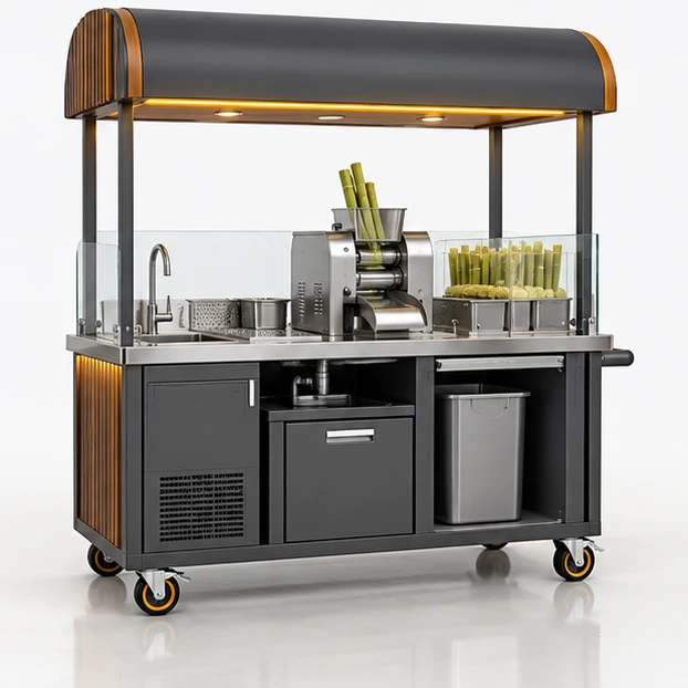 Sugarcane Juice Cart with Protected Pressing Station operator-side equipment, access, and storage view