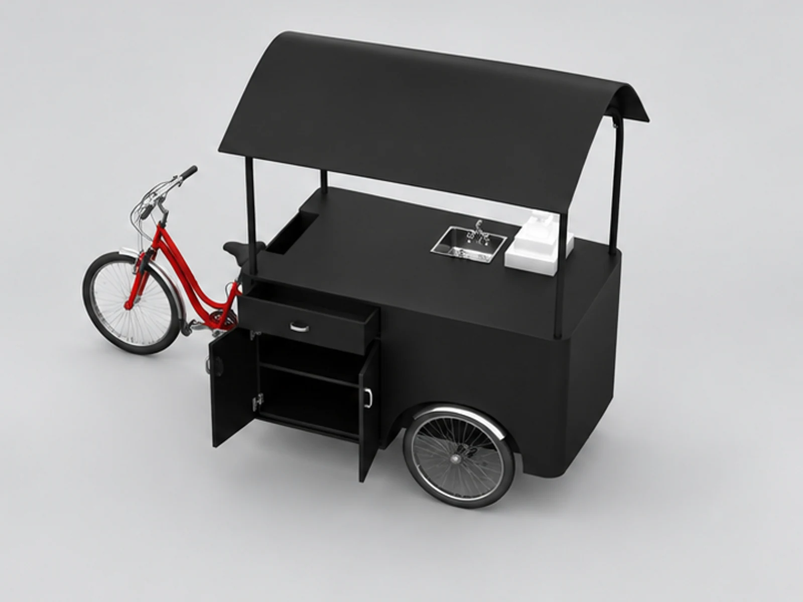 The black style for outdoor juice cart | creative design street fruit stand staff-side equipment and storage view