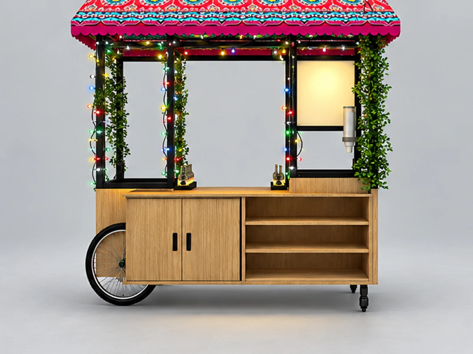 Unique Fresh Juice Liquor Cart Creative Portable Juice Bar Cart Design staff-side equipment and storage view