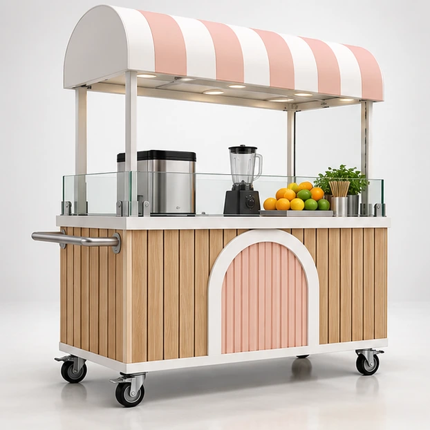 Wood-Finish Juice Cart with Stainless Prep Surface main three-quarter product rendering
