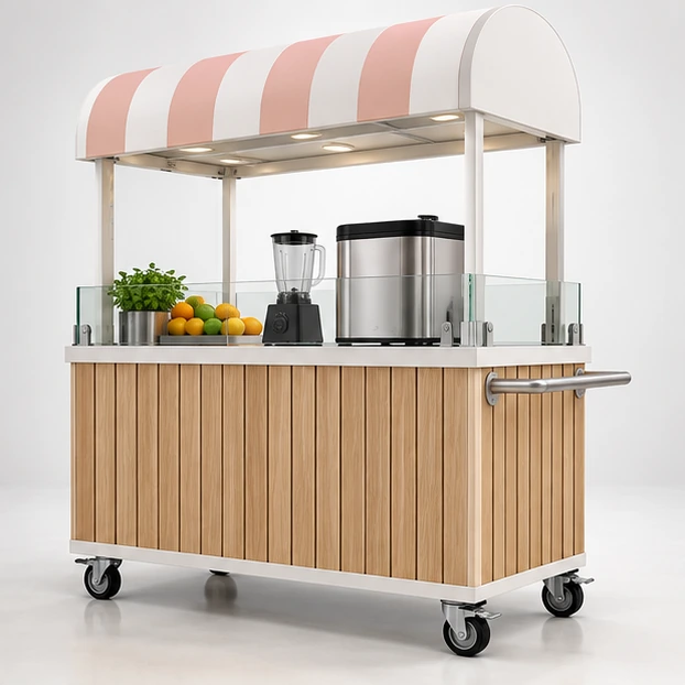 Wood-Finish Juice Cart with Stainless Prep Surface opposite angle showing its complete footprint and display layout