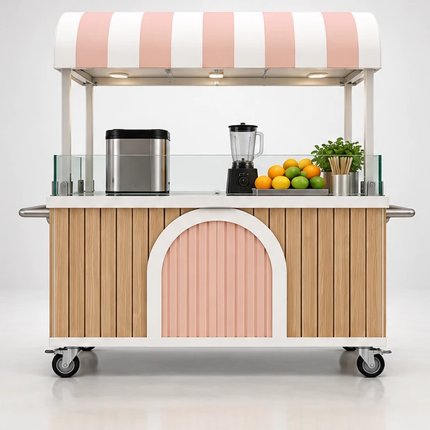 Wood-Finish Juice Cart with Stainless Prep Surface customer-facing service and display view