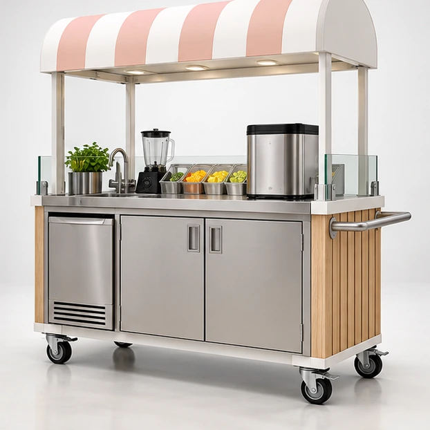 Wood-Finish Juice Cart with Stainless Prep Surface operator-side equipment, access, and storage view