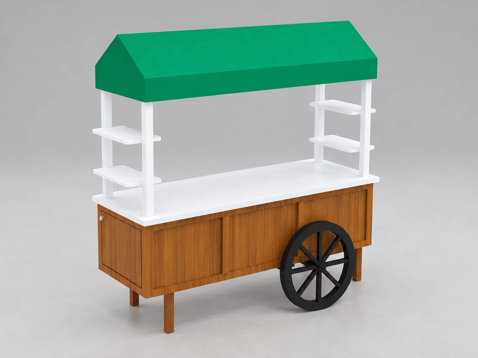 Wooden grain stand for display juice | outdoor retail juice cart opposite angle and overall footprint