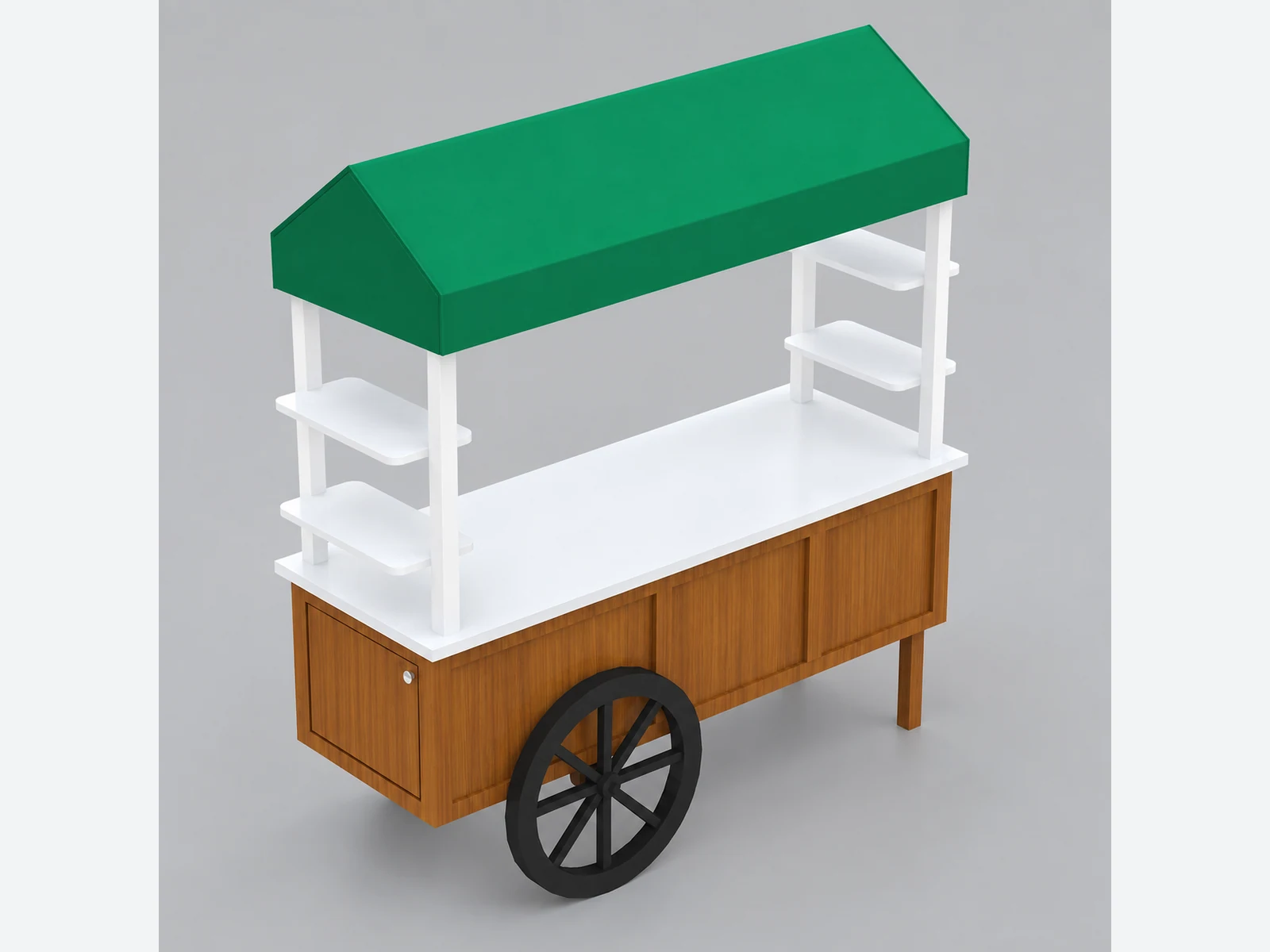 Wooden grain stand for display juice | outdoor retail juice cart staff-side equipment and storage view