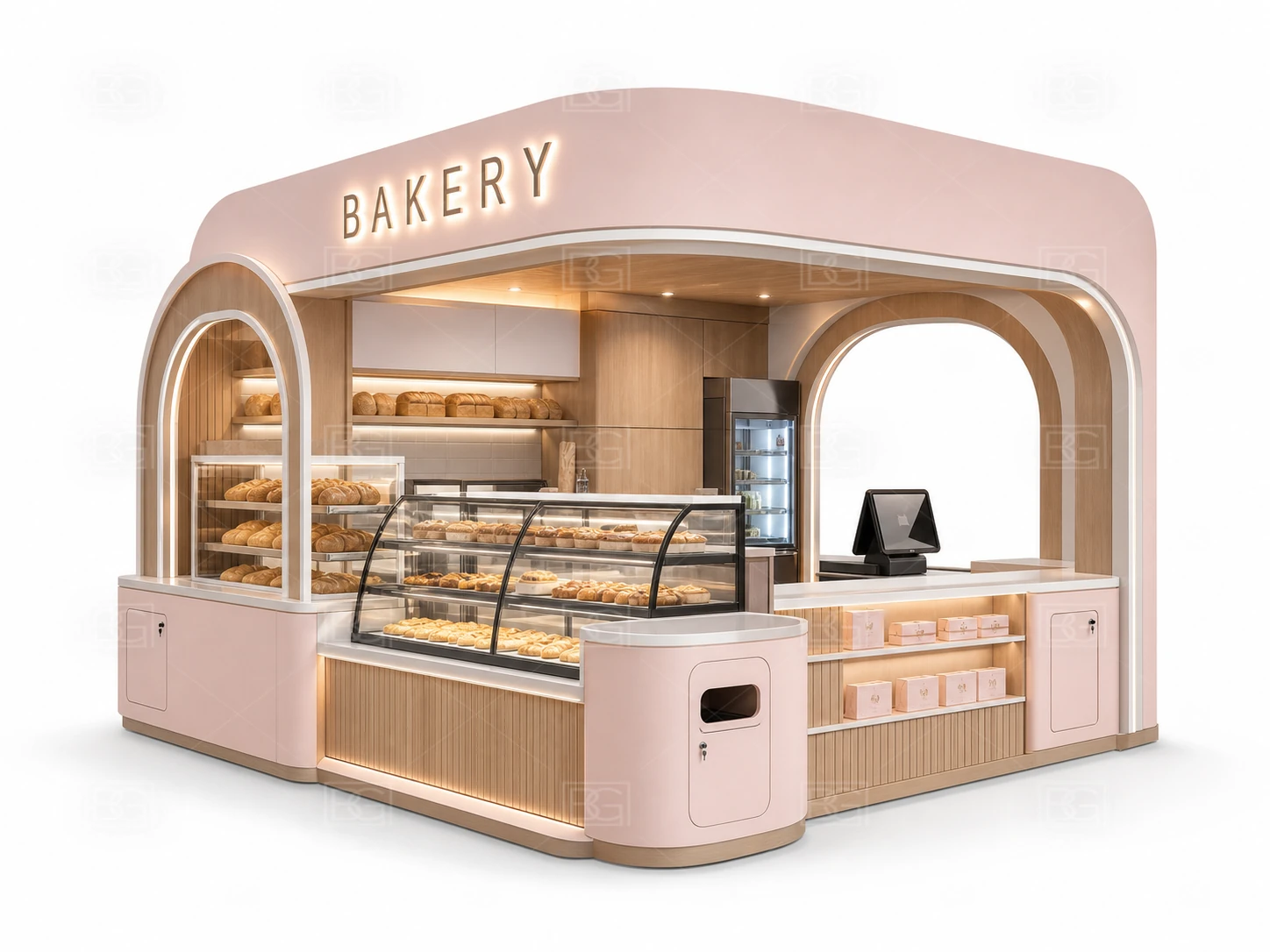 Bakery Display Counter Manufacturer - Blush Pink Contemporary Kiosk with Multi-Side Glass Display - view 01