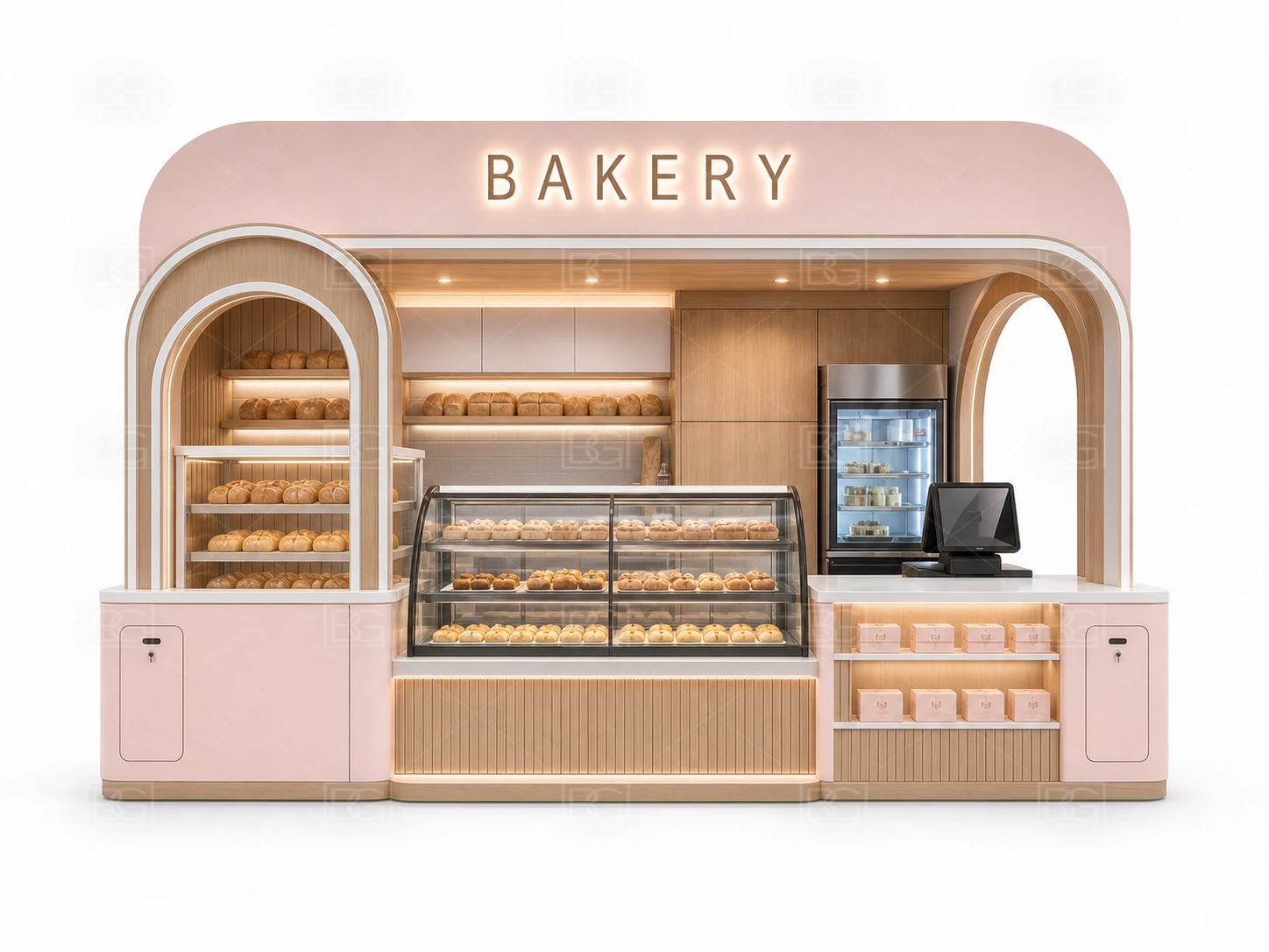 Bakery Display Counter Manufacturer - Blush Pink Contemporary Kiosk with Multi-Side Glass Display - view 02