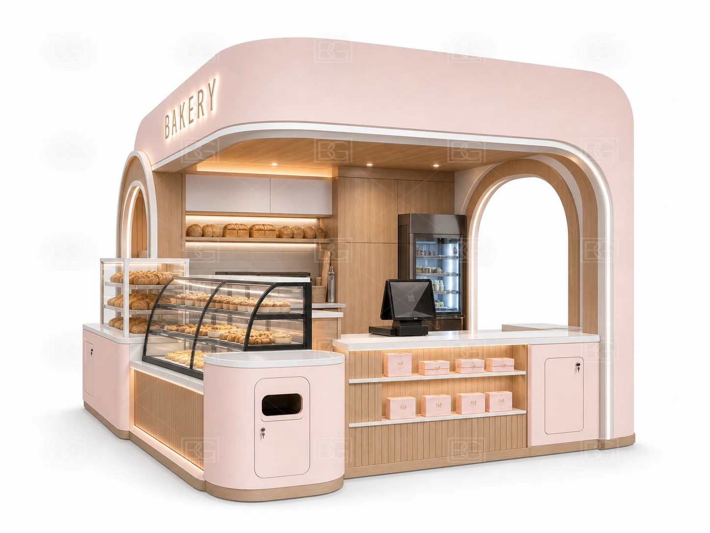 Bakery Display Counter Manufacturer - Blush Pink Contemporary Kiosk with Multi-Side Glass Display - view 03