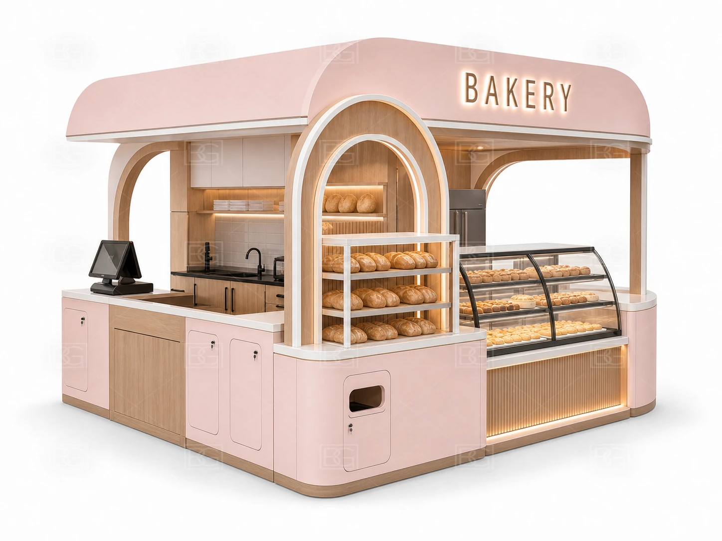 Bakery Display Counter Manufacturer - Blush Pink Contemporary Kiosk with Multi-Side Glass Display - view 04