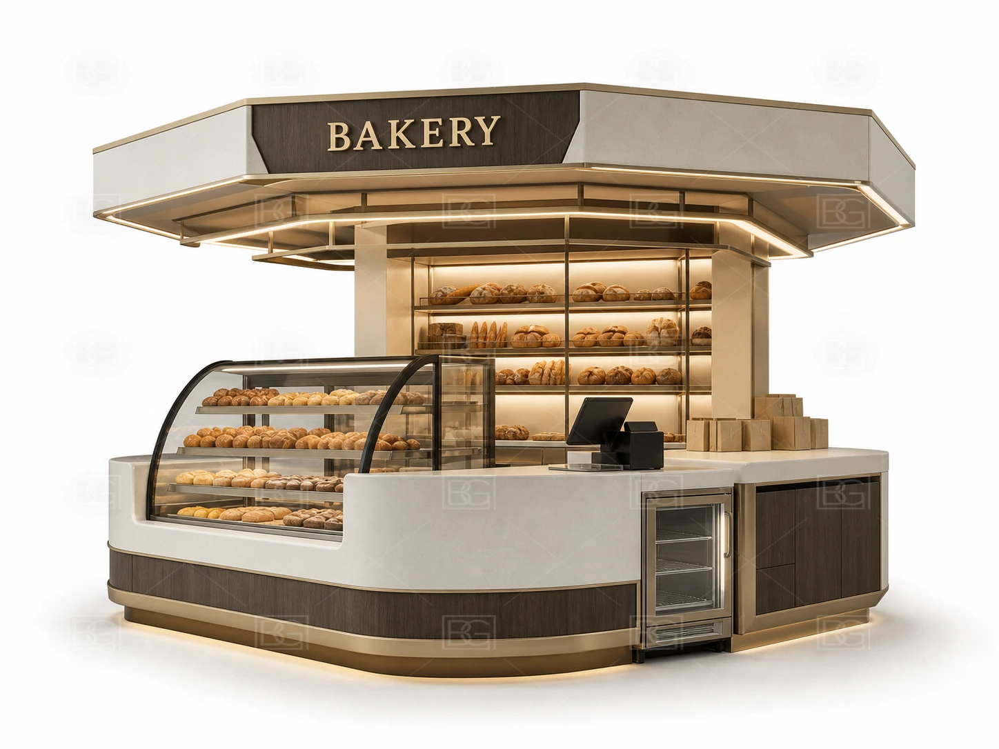 Bakery Display Counter Manufacturer - Ivory Sculptural Kiosk with Crescent Glass Display - view 01