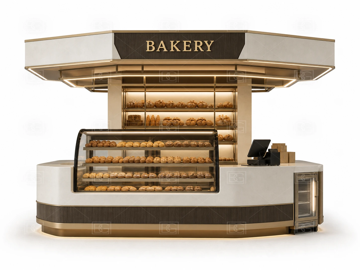 Bakery Display Counter Manufacturer - Ivory Sculptural Kiosk with Crescent Glass Display - view 02