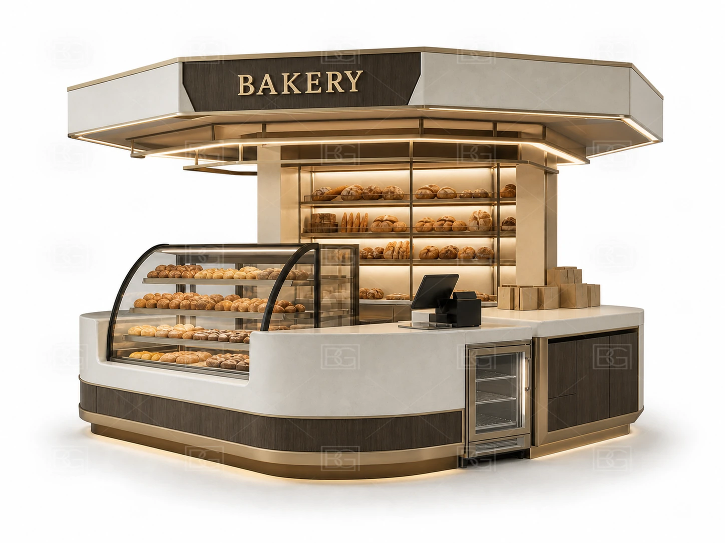 Bakery Display Counter Manufacturer - Ivory Sculptural Kiosk with Crescent Glass Display - view 03