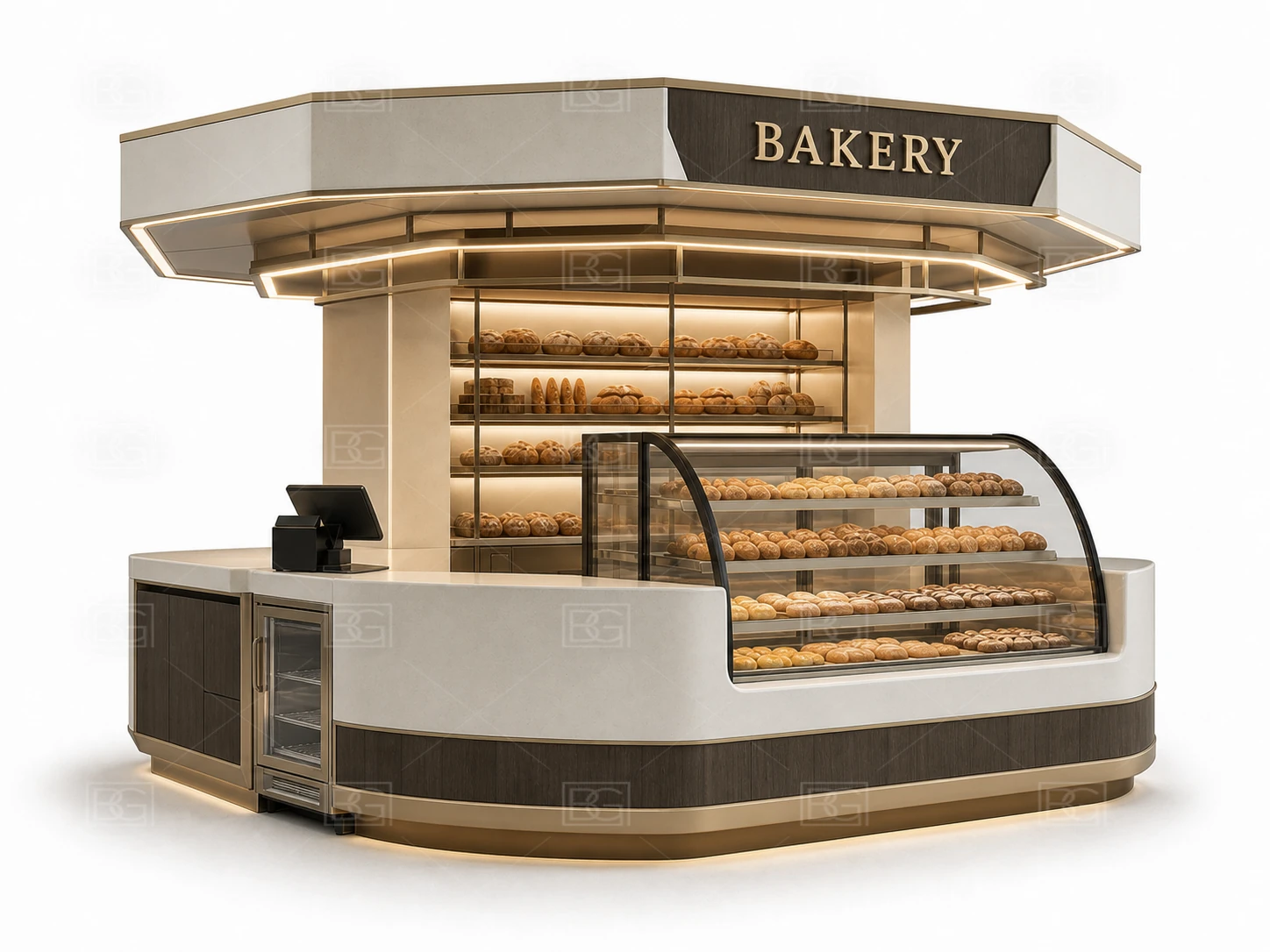 Bakery Display Counter Manufacturer - Ivory Sculptural Kiosk with Crescent Glass Display - view 04