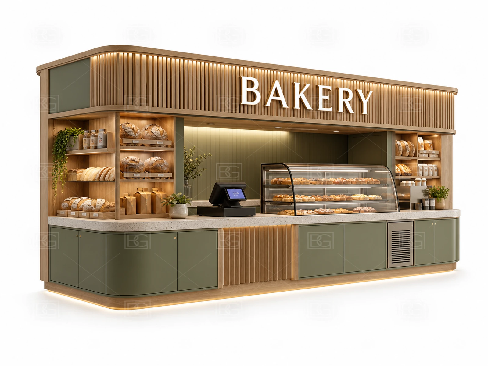 Bakery Display Counter Manufacturer - Sage Green Biophilic Kiosk with Natural Wood Bread Shelving - view 01