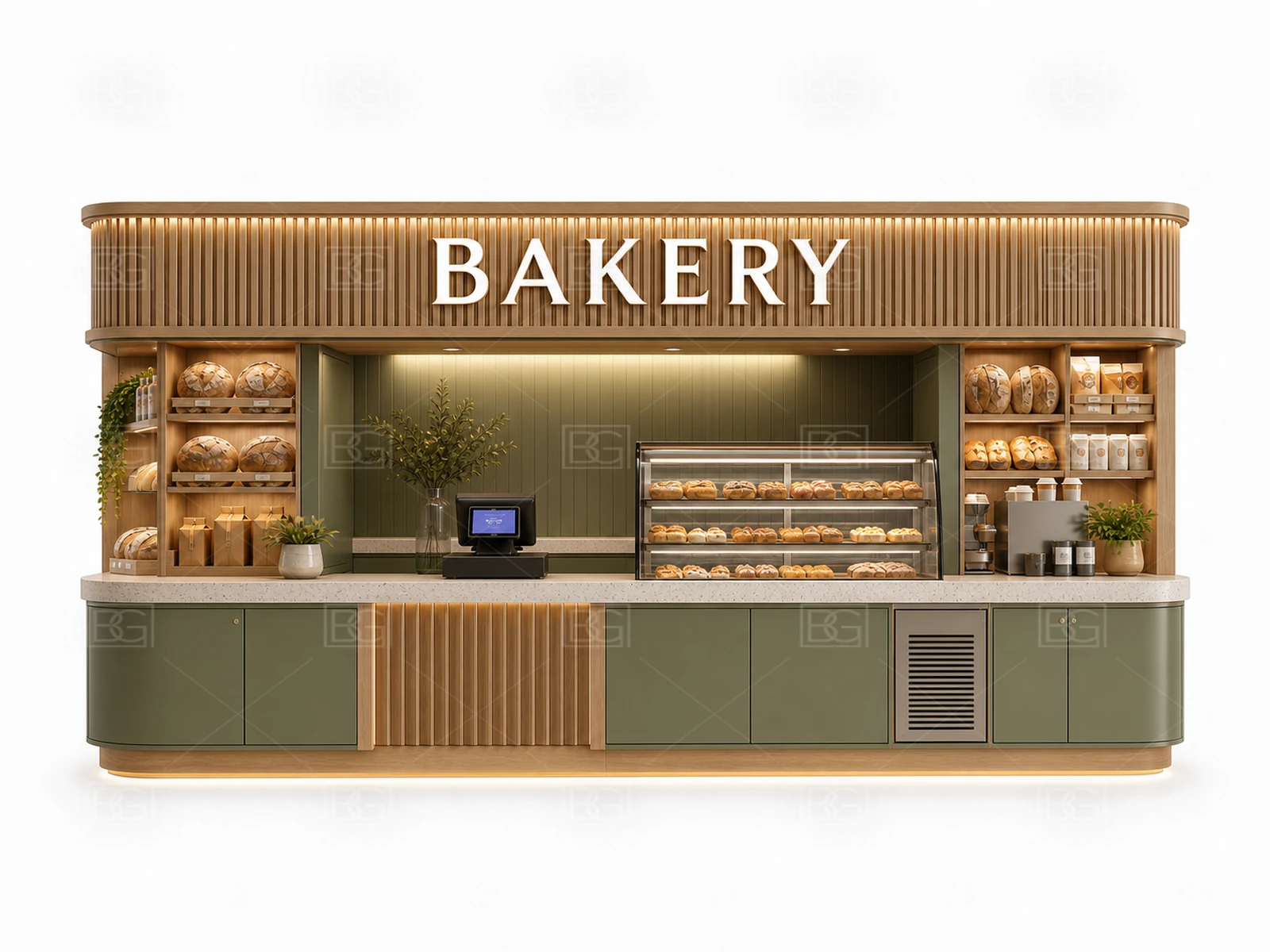 Bakery Display Counter Manufacturer - Sage Green Biophilic Kiosk with Natural Wood Bread Shelving - view 02