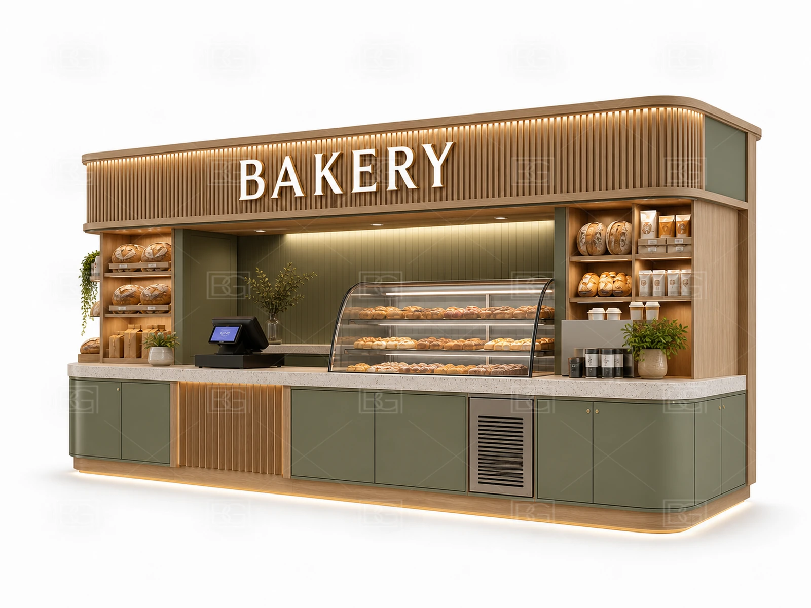 Bakery Display Counter Manufacturer - Sage Green Biophilic Kiosk with Natural Wood Bread Shelving - view 03