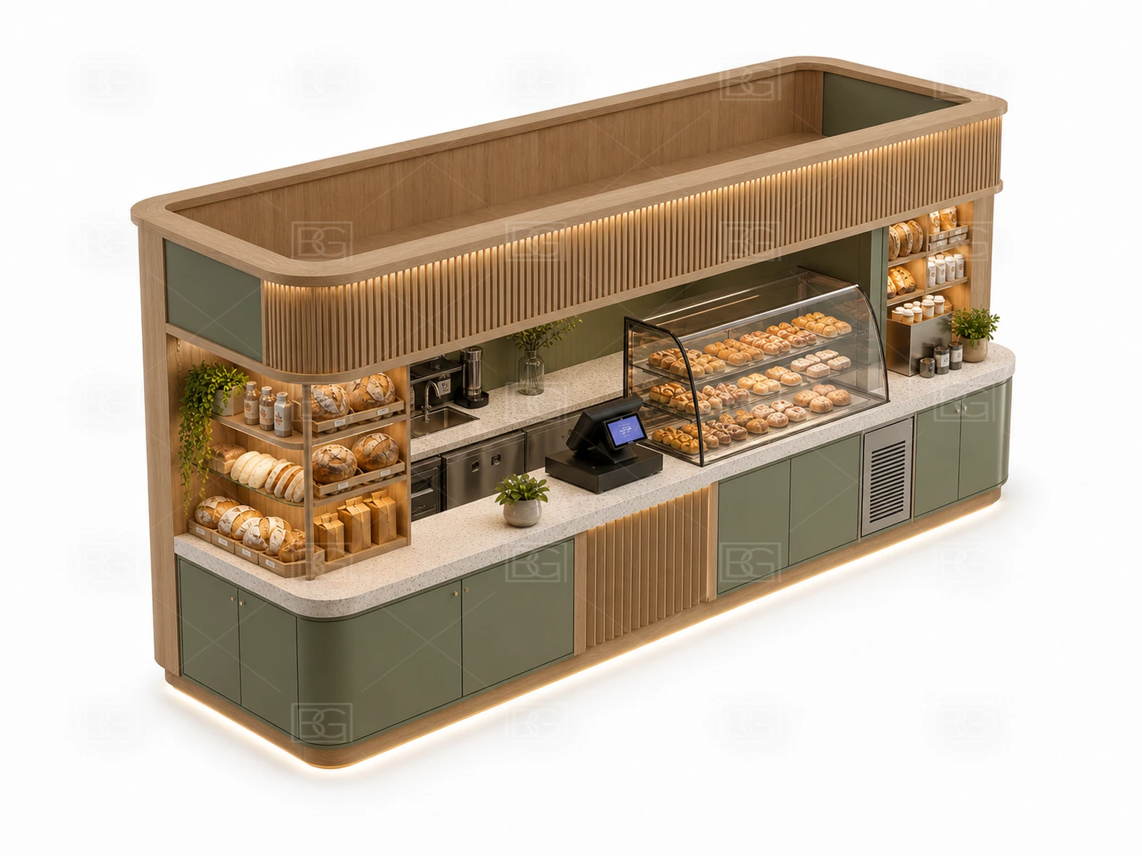 Bakery Display Counter Manufacturer - Sage Green Biophilic Kiosk with Natural Wood Bread Shelving - view 04