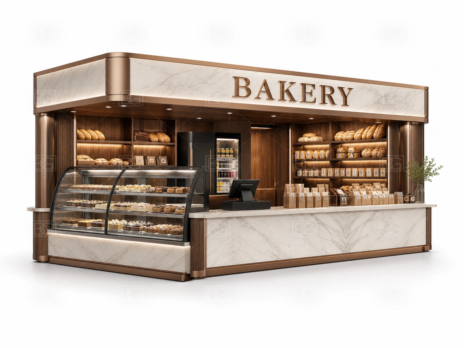 Bakery Display Counter Manufacturer - White Marble & Bronze Kiosk with Open Oval Island Layout - view 01