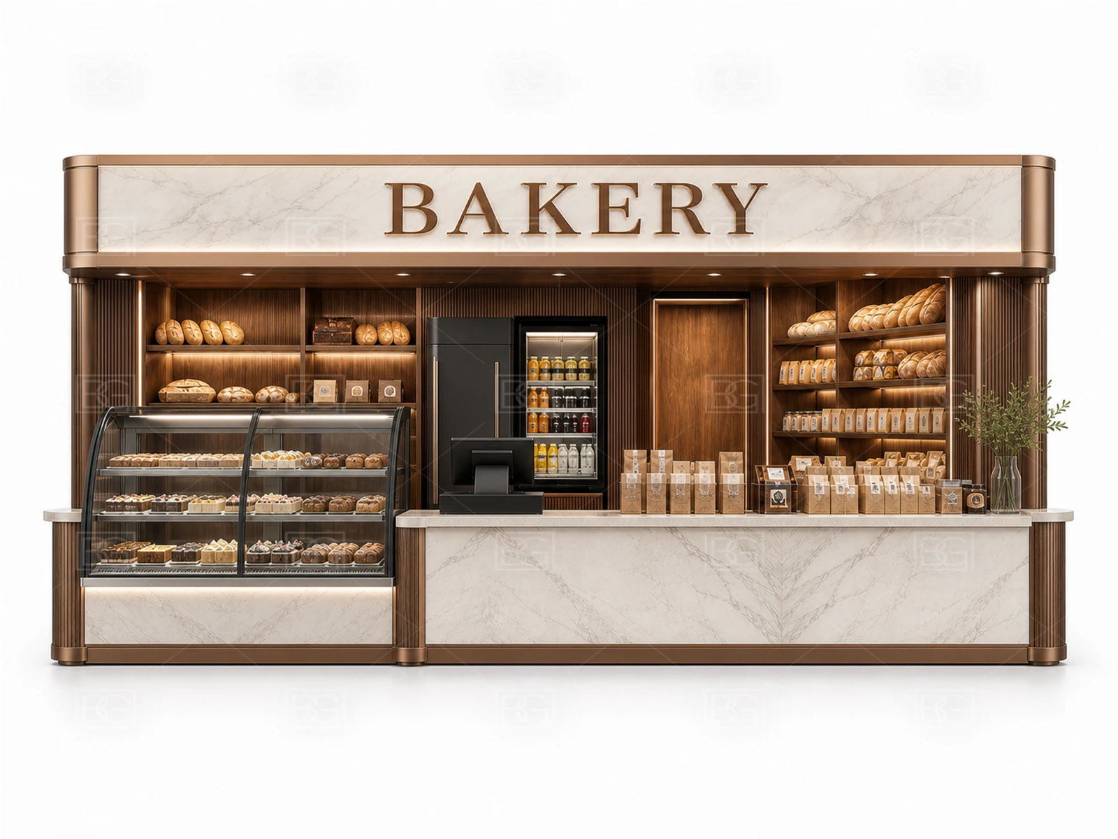 Bakery Display Counter Manufacturer - White Marble & Bronze Kiosk with Open Oval Island Layout - view 02