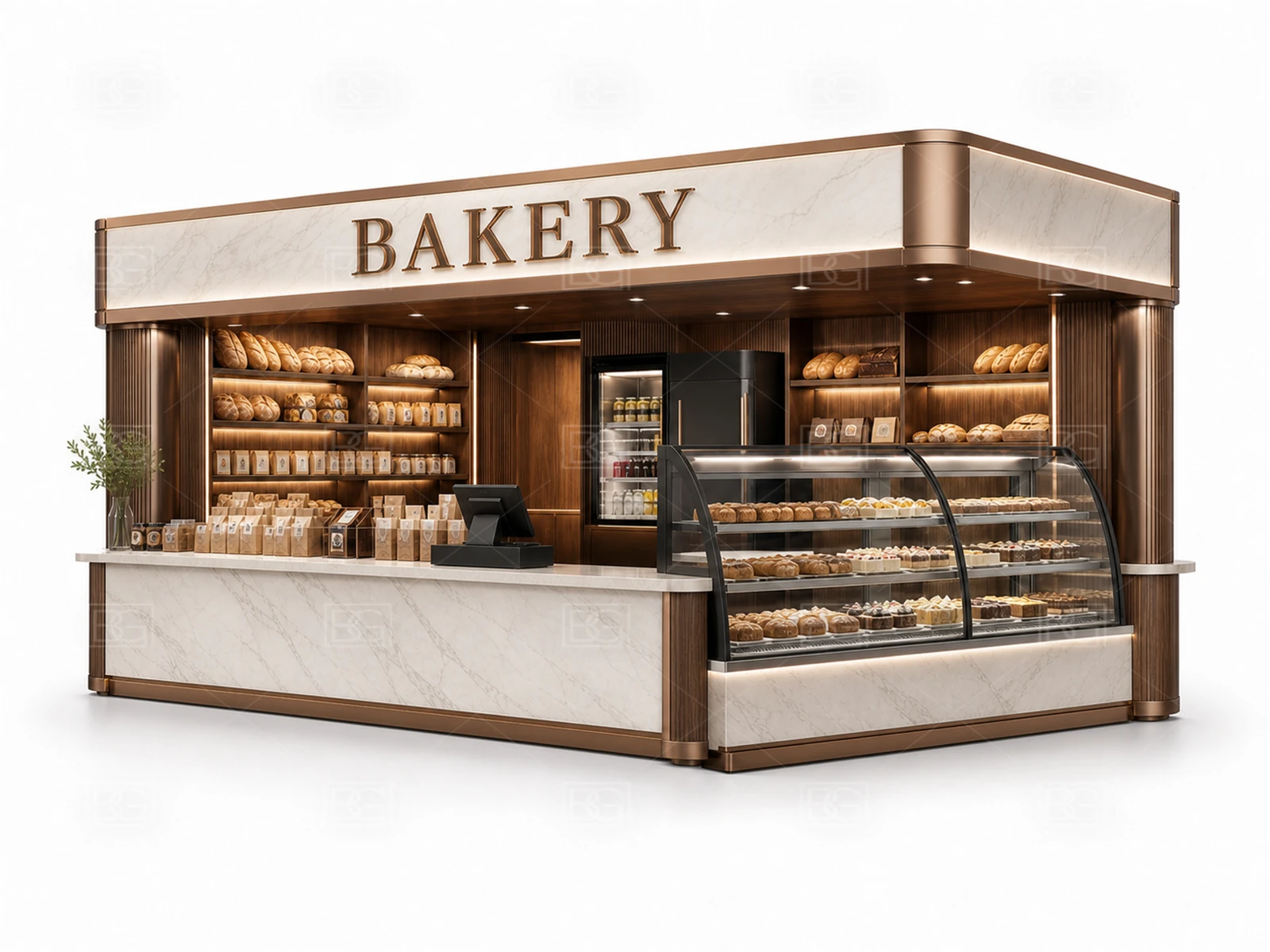 Bakery Display Counter Manufacturer - White Marble & Bronze Kiosk with Open Oval Island Layout - view 03