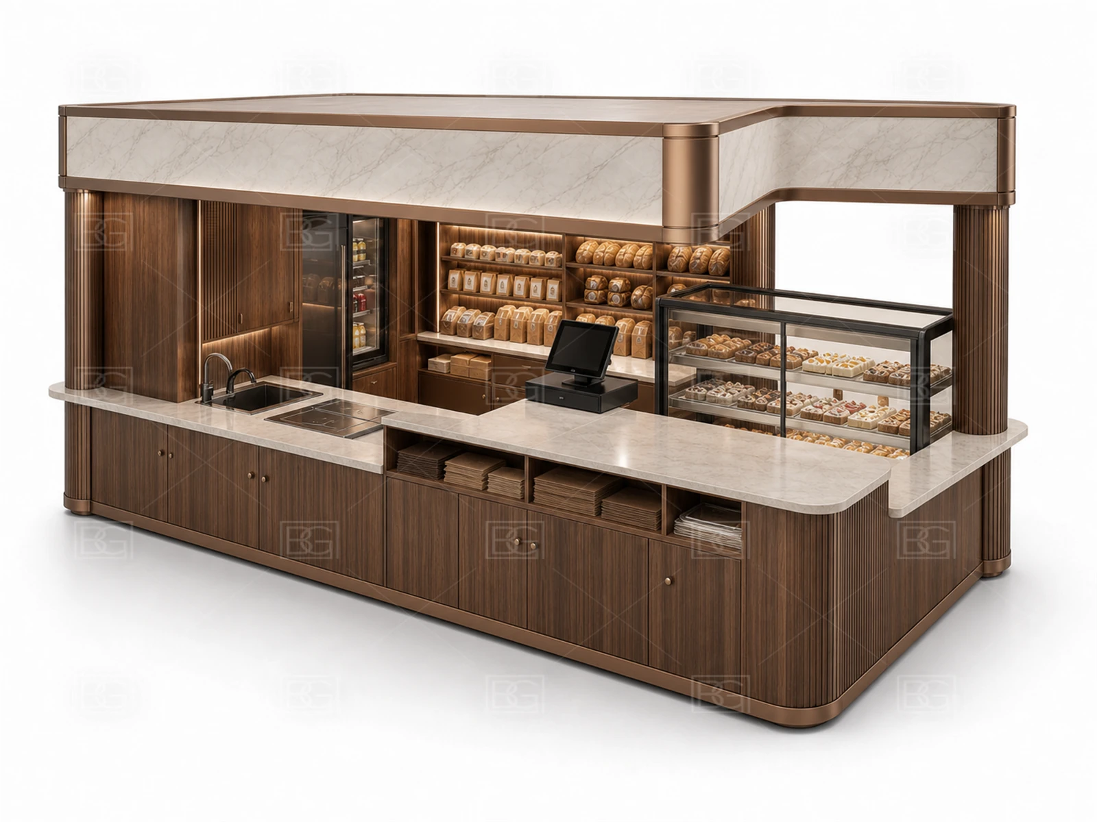 Bakery Display Counter Manufacturer - White Marble & Bronze Kiosk with Open Oval Island Layout - view 04