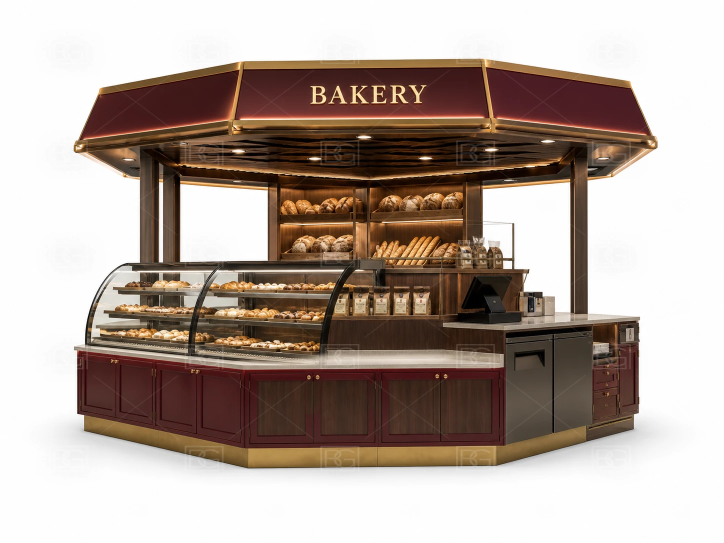 Bakery Kiosk Manufacturer - Burgundy & Walnut Design with Angled Glass Display Counters - view 01