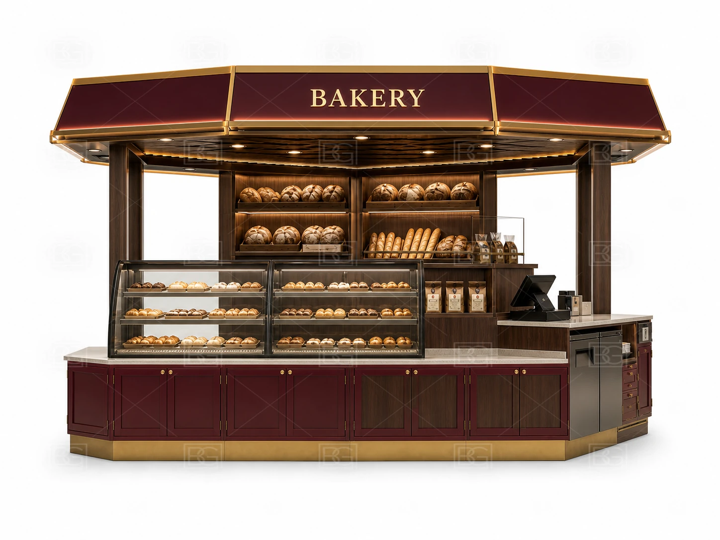 Bakery Kiosk Manufacturer - Burgundy & Walnut Design with Angled Glass Display Counters - view 02