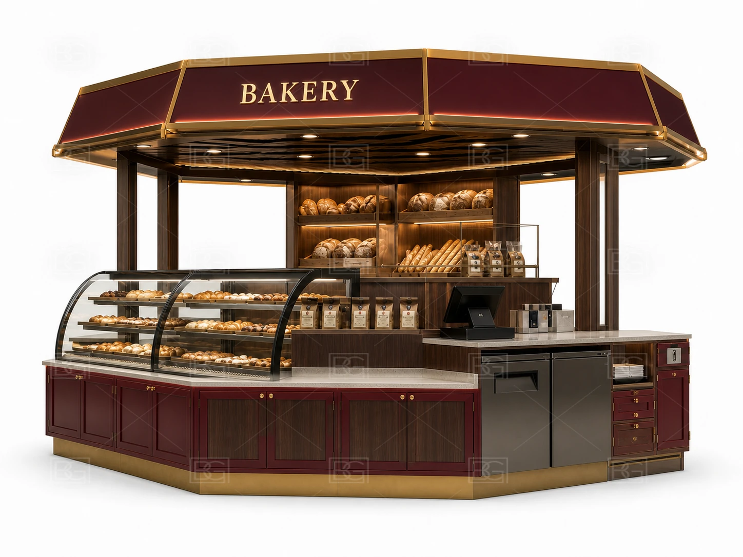 Bakery Kiosk Manufacturer - Burgundy & Walnut Design with Angled Glass Display Counters - view 03