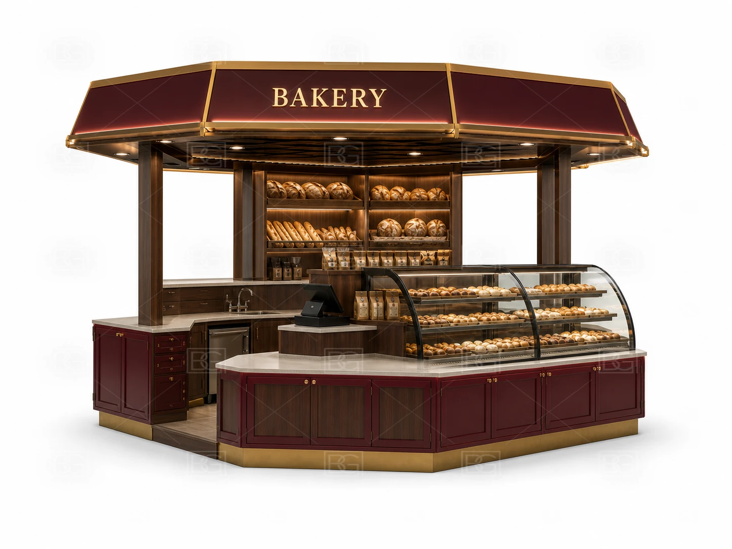 Bakery Kiosk Manufacturer - Burgundy & Walnut Design with Angled Glass Display Counters - view 04