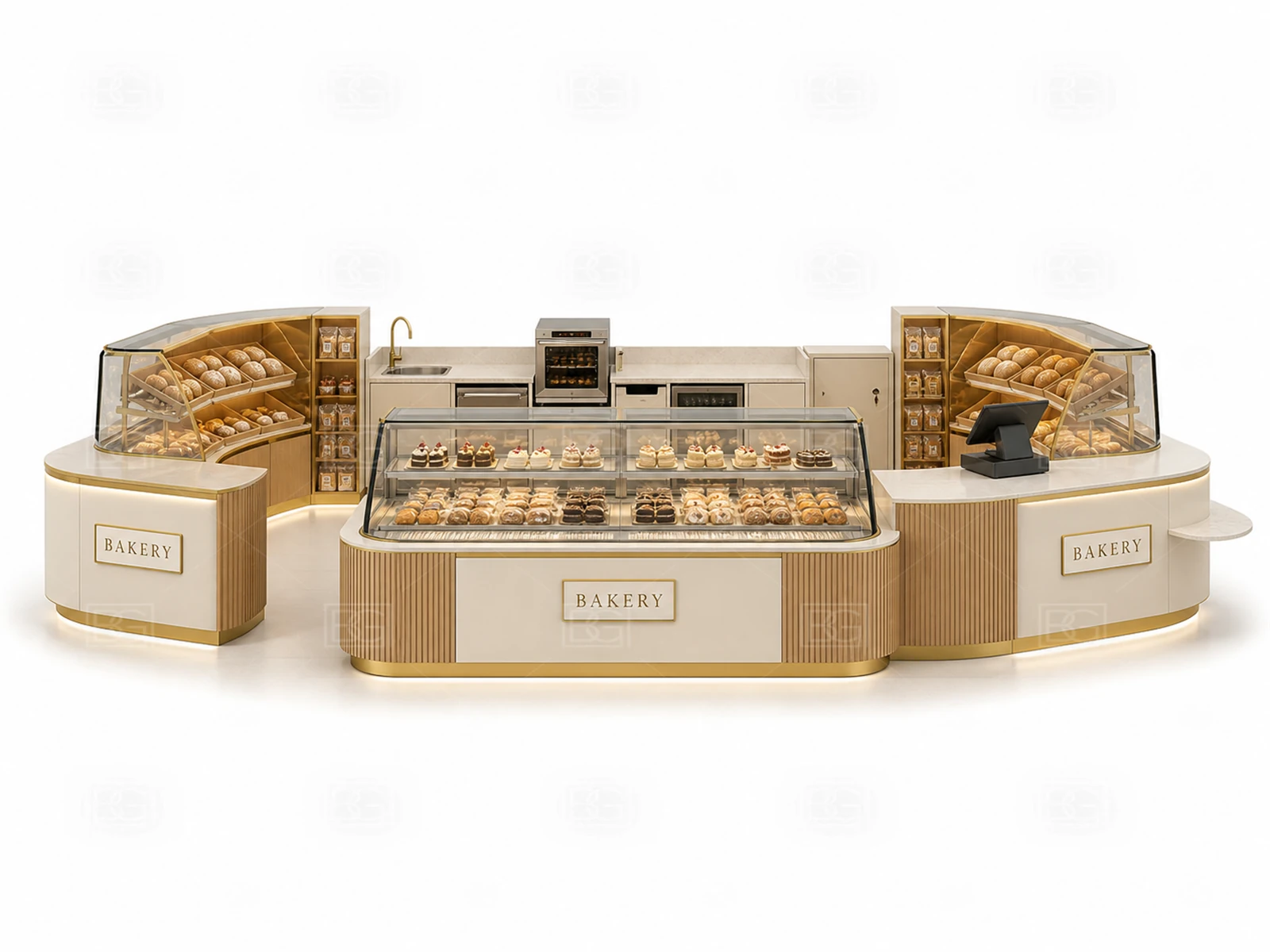 Bakery Kiosk Manufacturer - Cream & Gold Patisserie Design with Open Service Counters - view 02