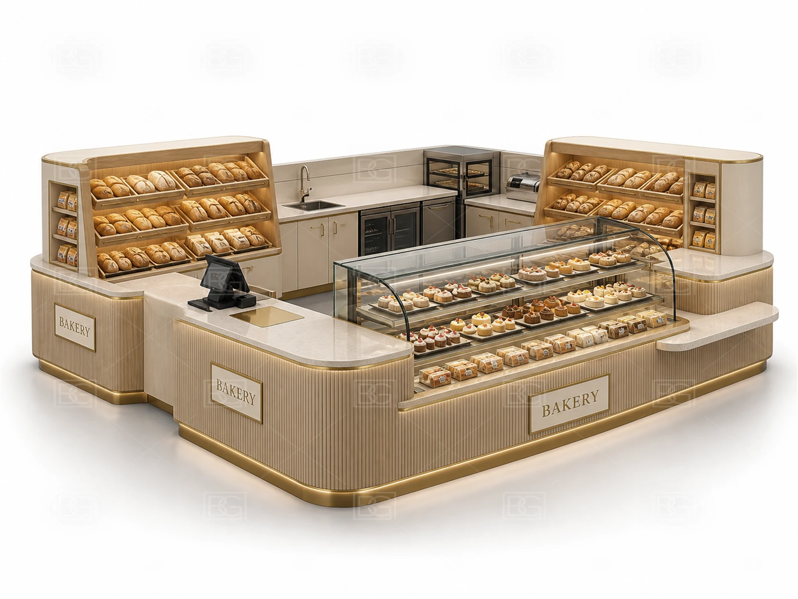 Bakery Kiosk Manufacturer - Cream & Gold Patisserie Design with Open Service Counters - view 03