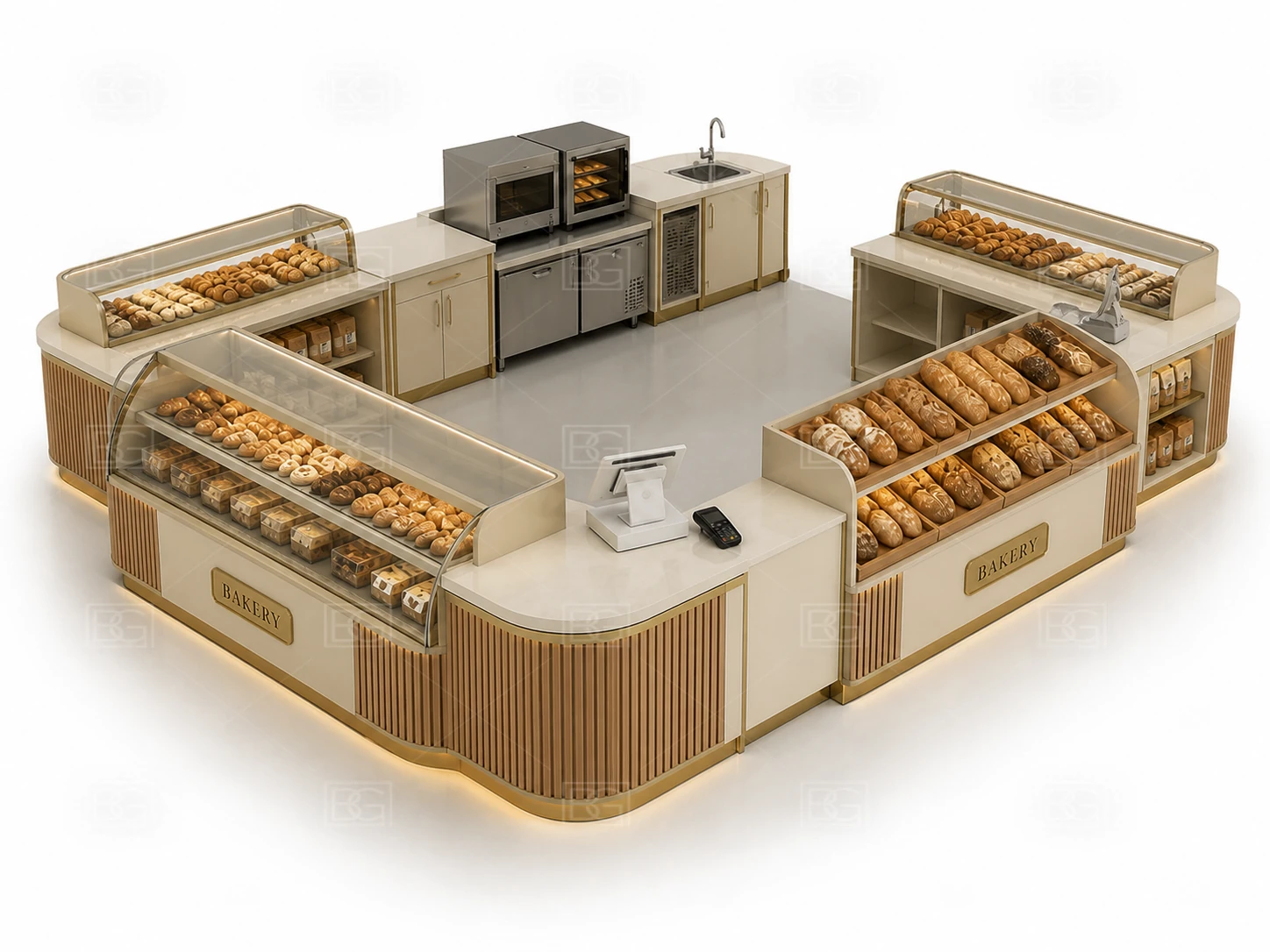 Bakery Kiosk Manufacturer - Cream & Gold Patisserie Design with Open Service Counters - view 04
