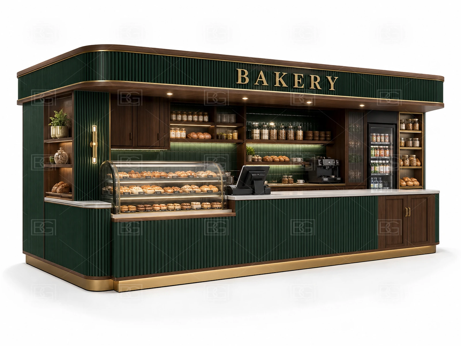 Bakery Kiosk Manufacturer - Emerald Green & Walnut Design with Modular Retail Display - view 01