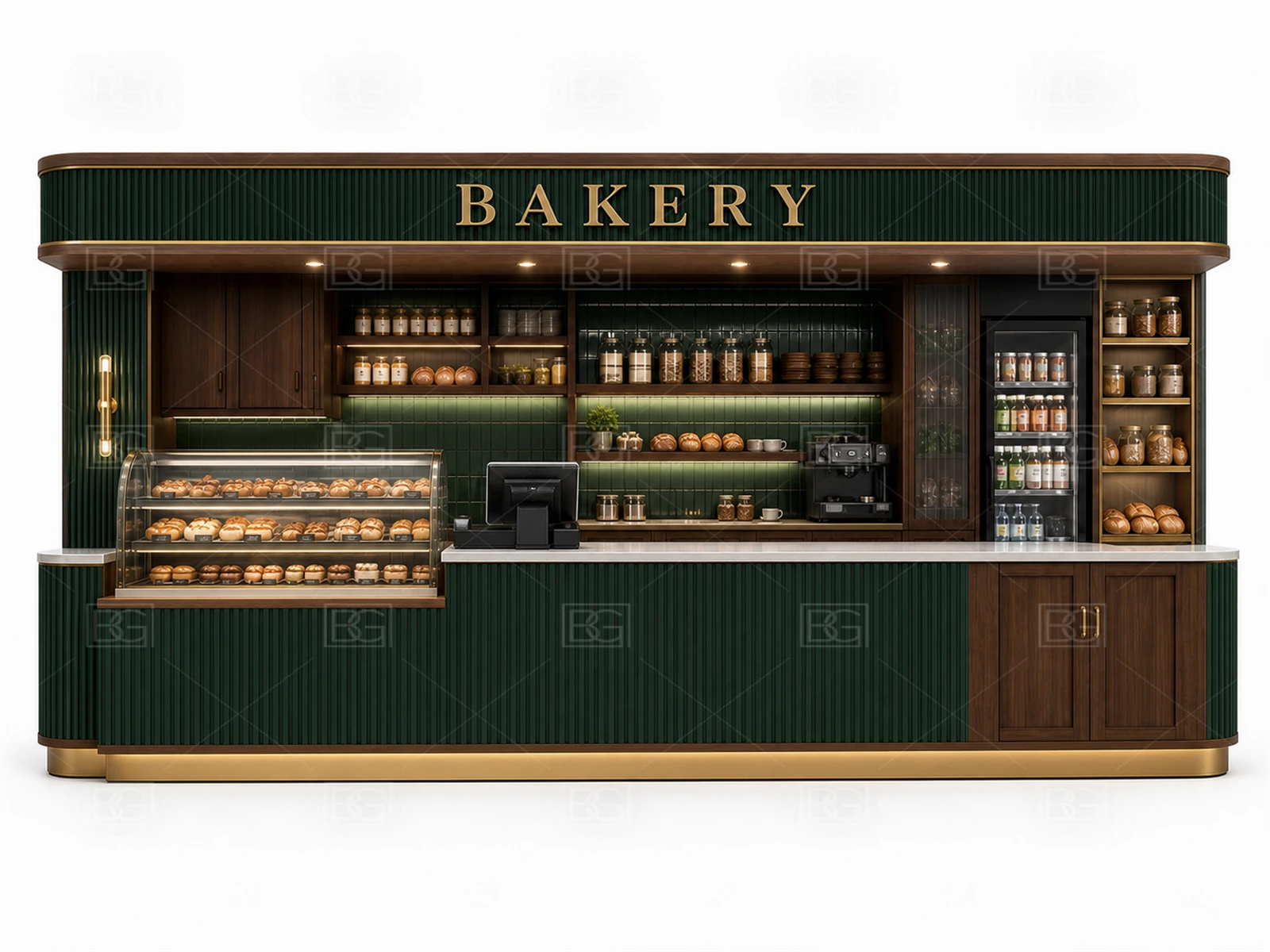 Bakery Kiosk Manufacturer - Emerald Green & Walnut Design with Modular Retail Display - view 02