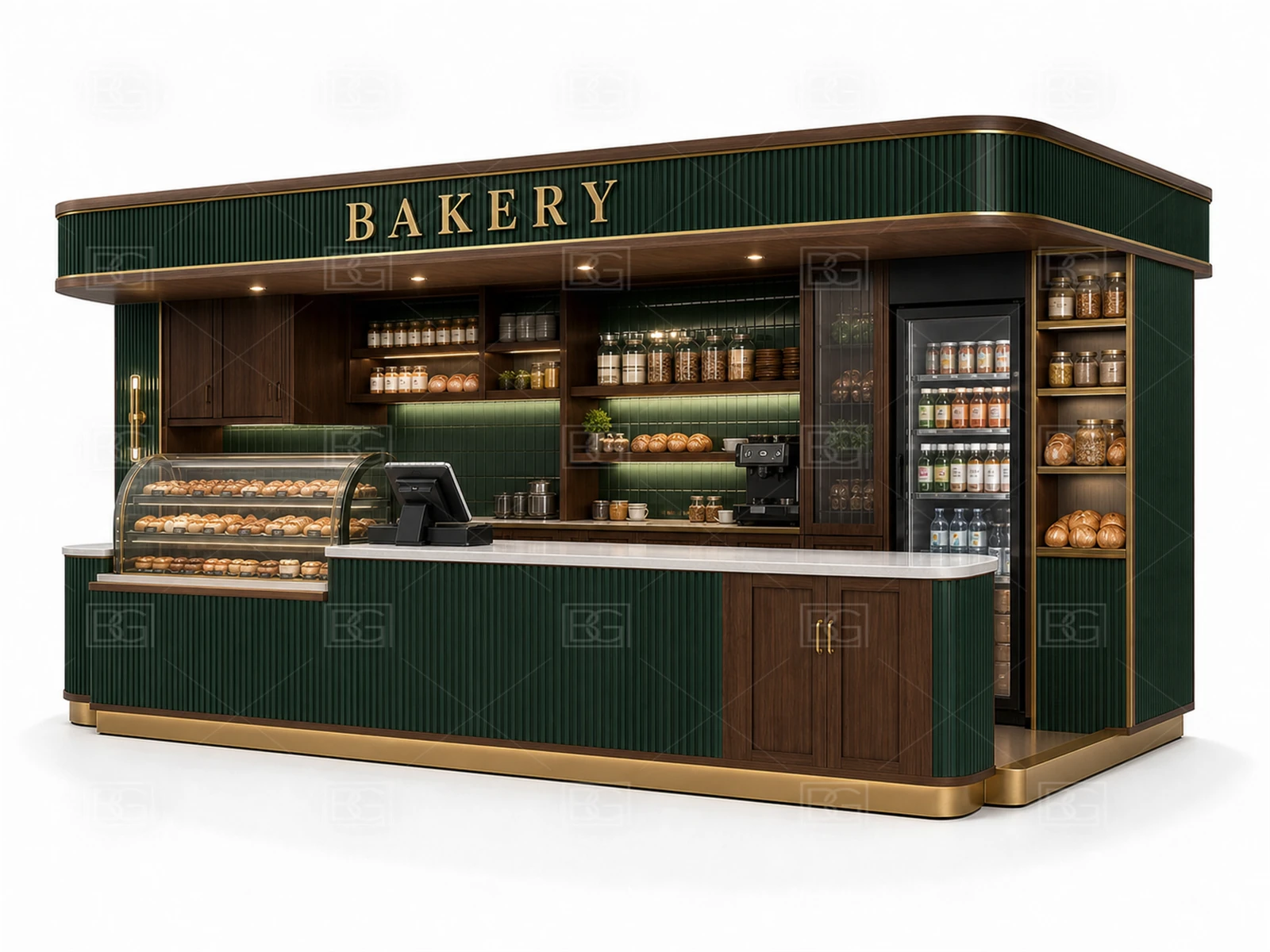 Bakery Kiosk Manufacturer - Emerald Green & Walnut Design with Modular Retail Display - view 03