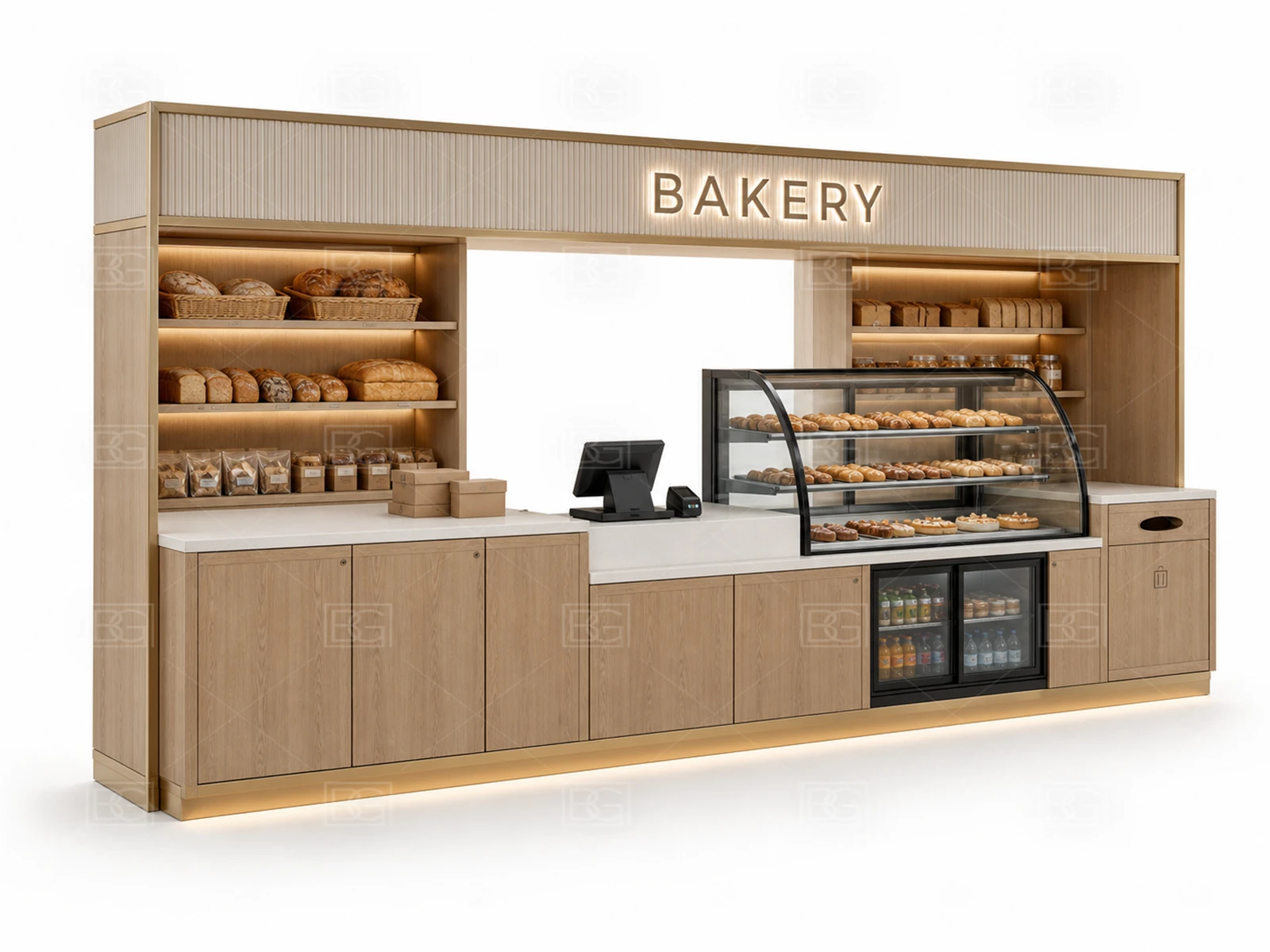 Bakery Kiosk Manufacturer - Nordic Oak Design with Wraparound Bread Display Counter - view 01