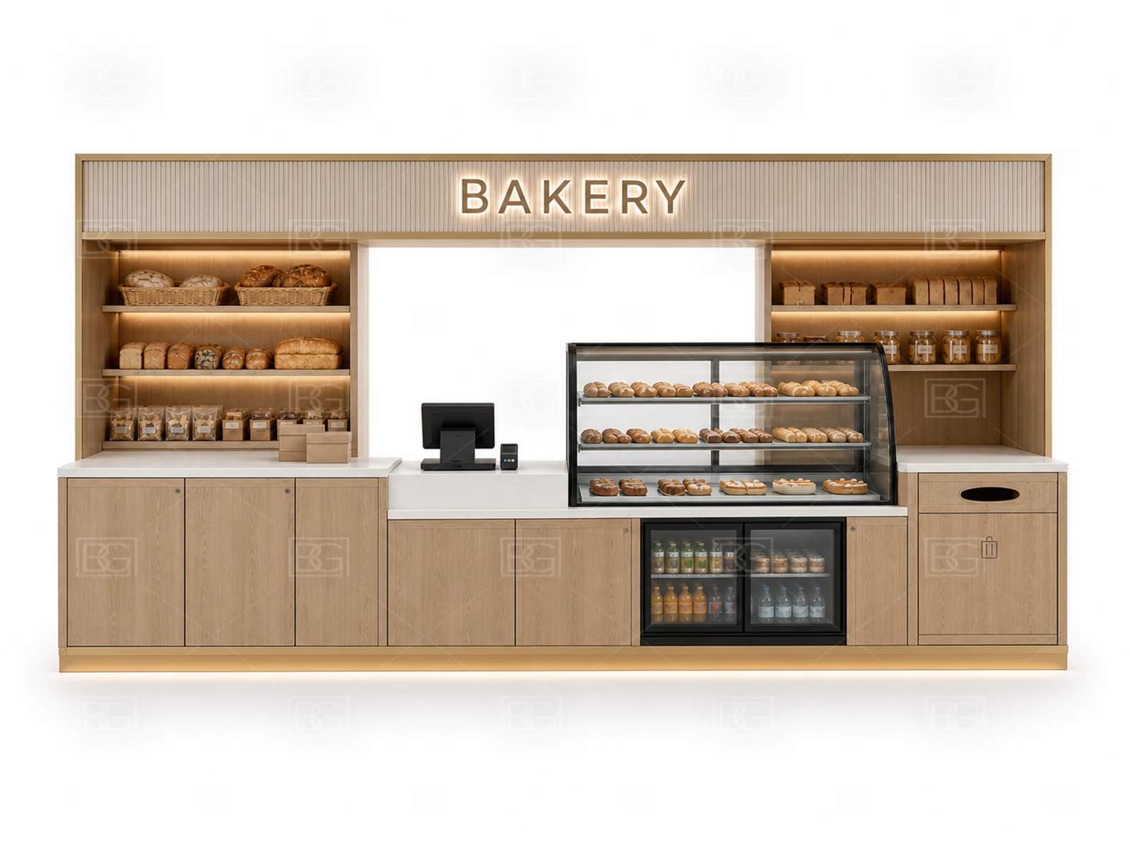 Bakery Kiosk Manufacturer - Nordic Oak Design with Wraparound Bread Display Counter - view 02