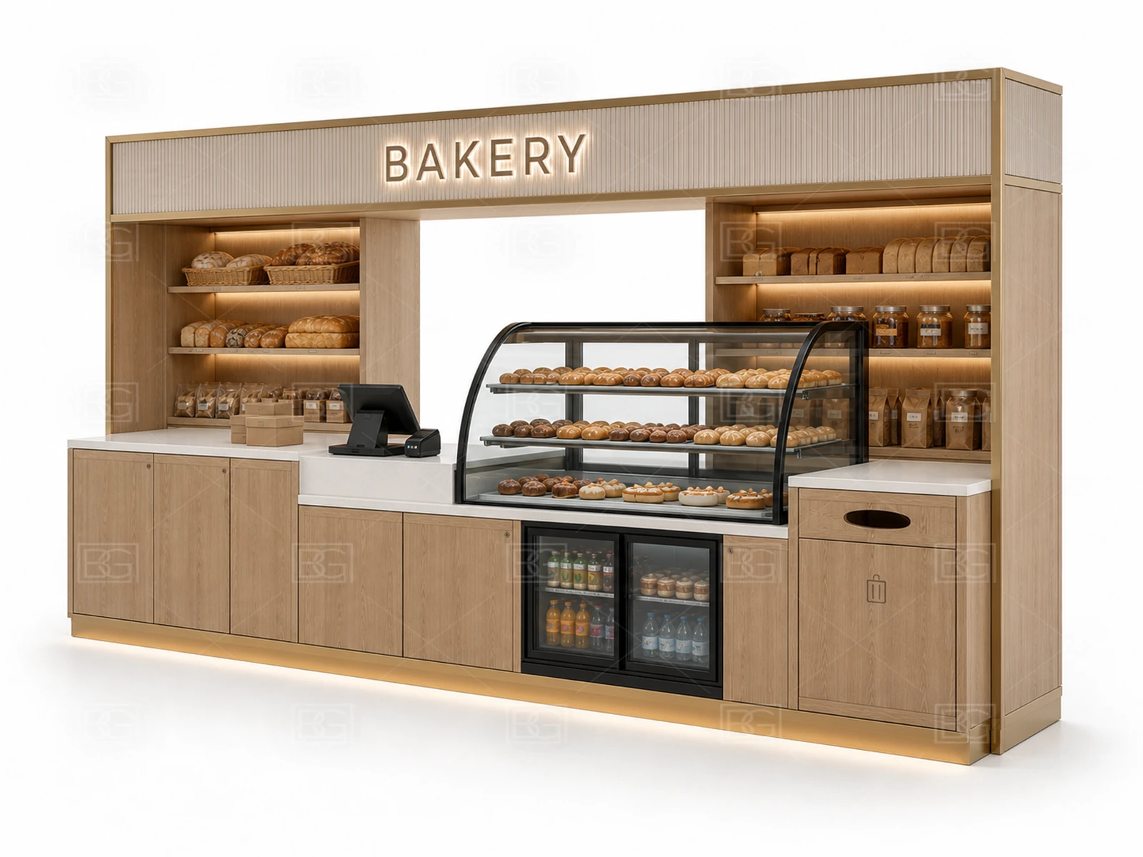 Bakery Kiosk Manufacturer - Nordic Oak Design with Wraparound Bread Display Counter - view 03
