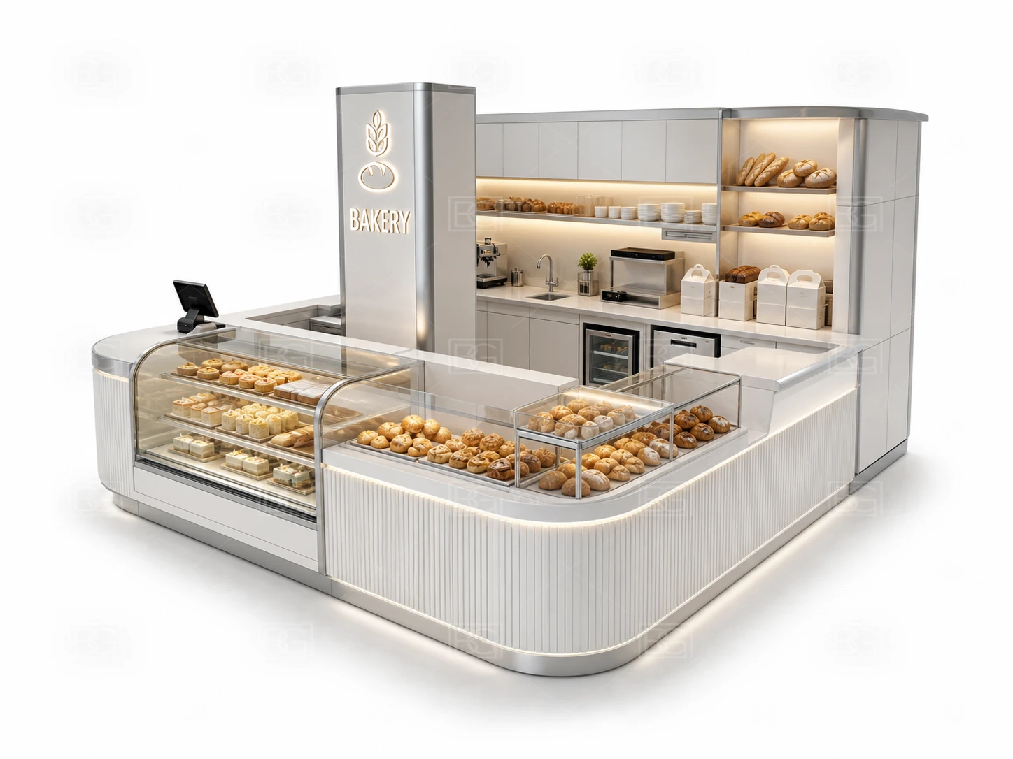 Bakery Kiosk Wholesale - Clean White Modern Booth with Open Oval Island Layout - view 01