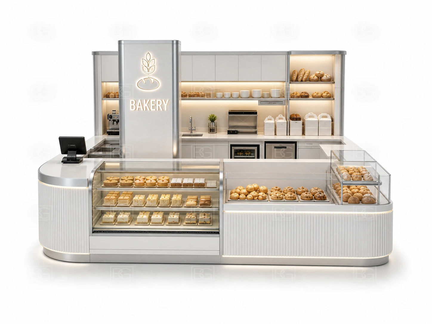 Bakery Kiosk Wholesale - Clean White Modern Booth with Open Oval Island Layout - view 02