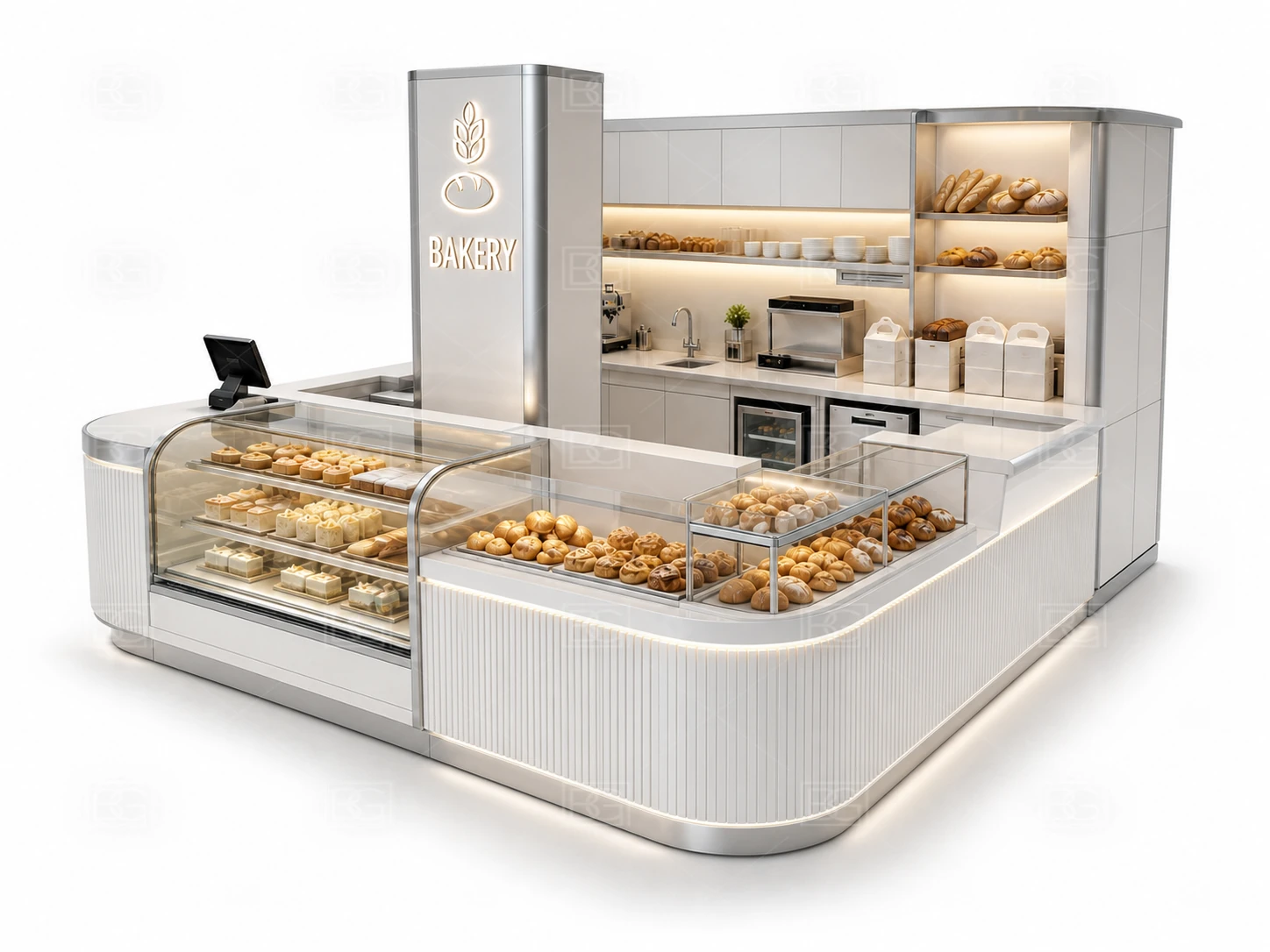 Bakery Kiosk Wholesale - Clean White Modern Booth with Open Oval Island Layout - view 03